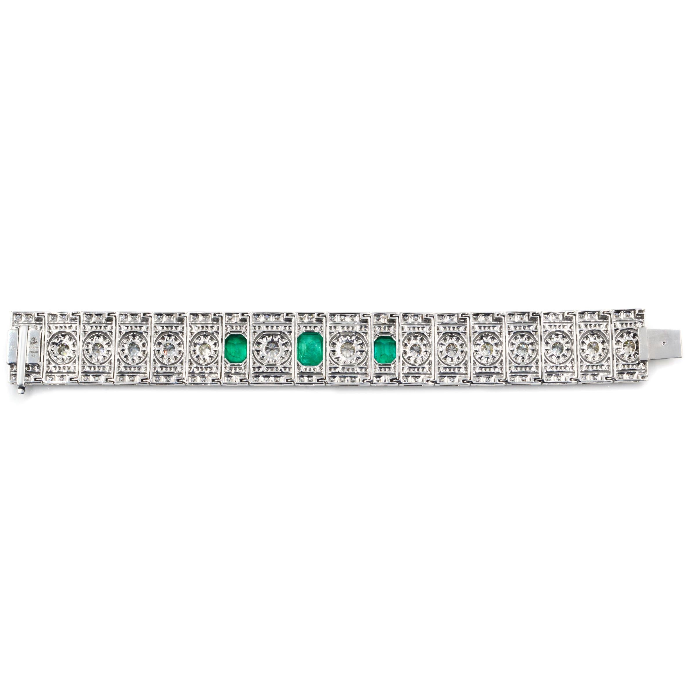 Women's Art Deco Emerald and Diamond Wide Bracelet in 18 Karat White Gold