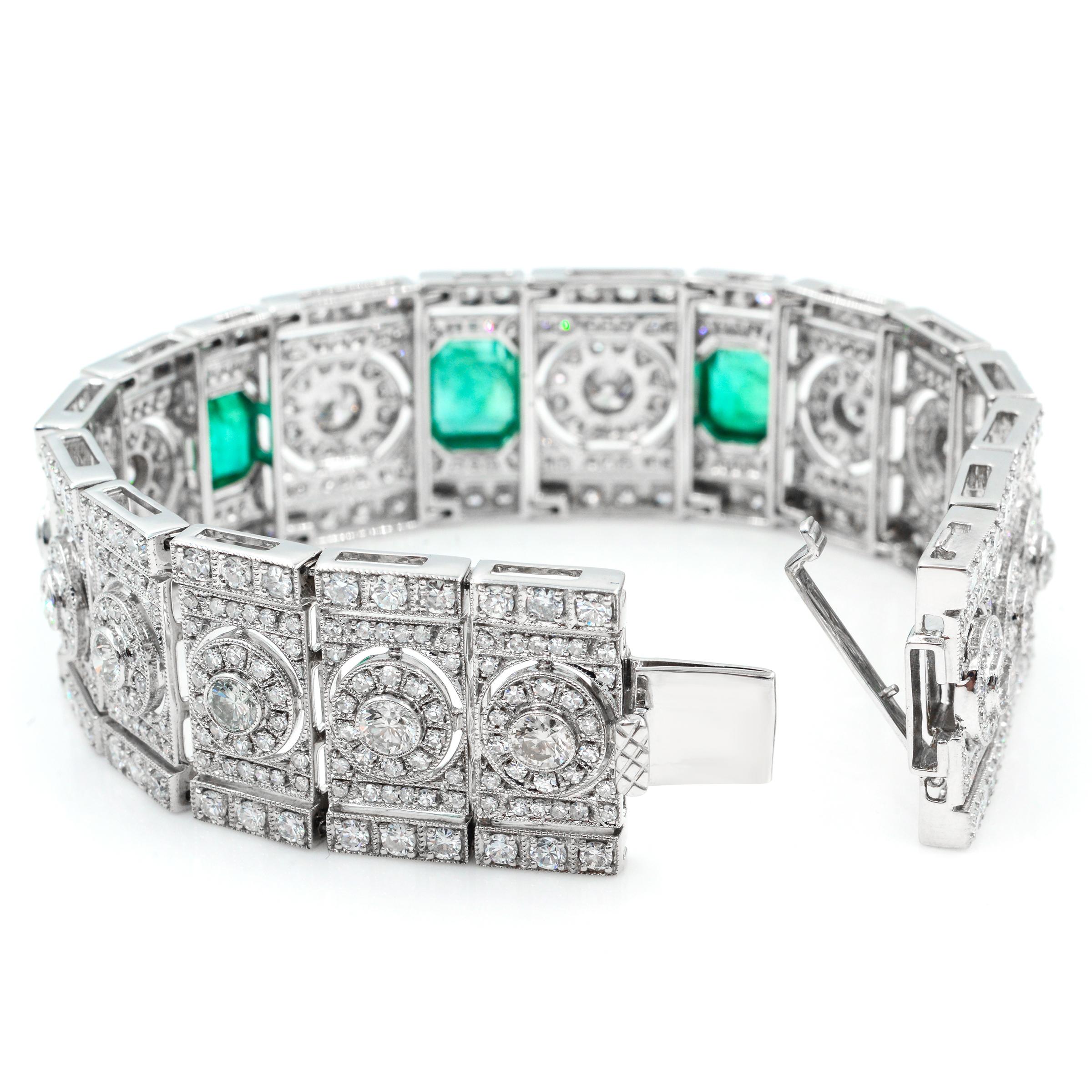 Art Deco Emerald and Diamond Wide Bracelet in 18 Karat White Gold 1