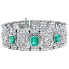 Art Deco Emerald and Diamond Wide Bracelet in 18 Karat White Gold
