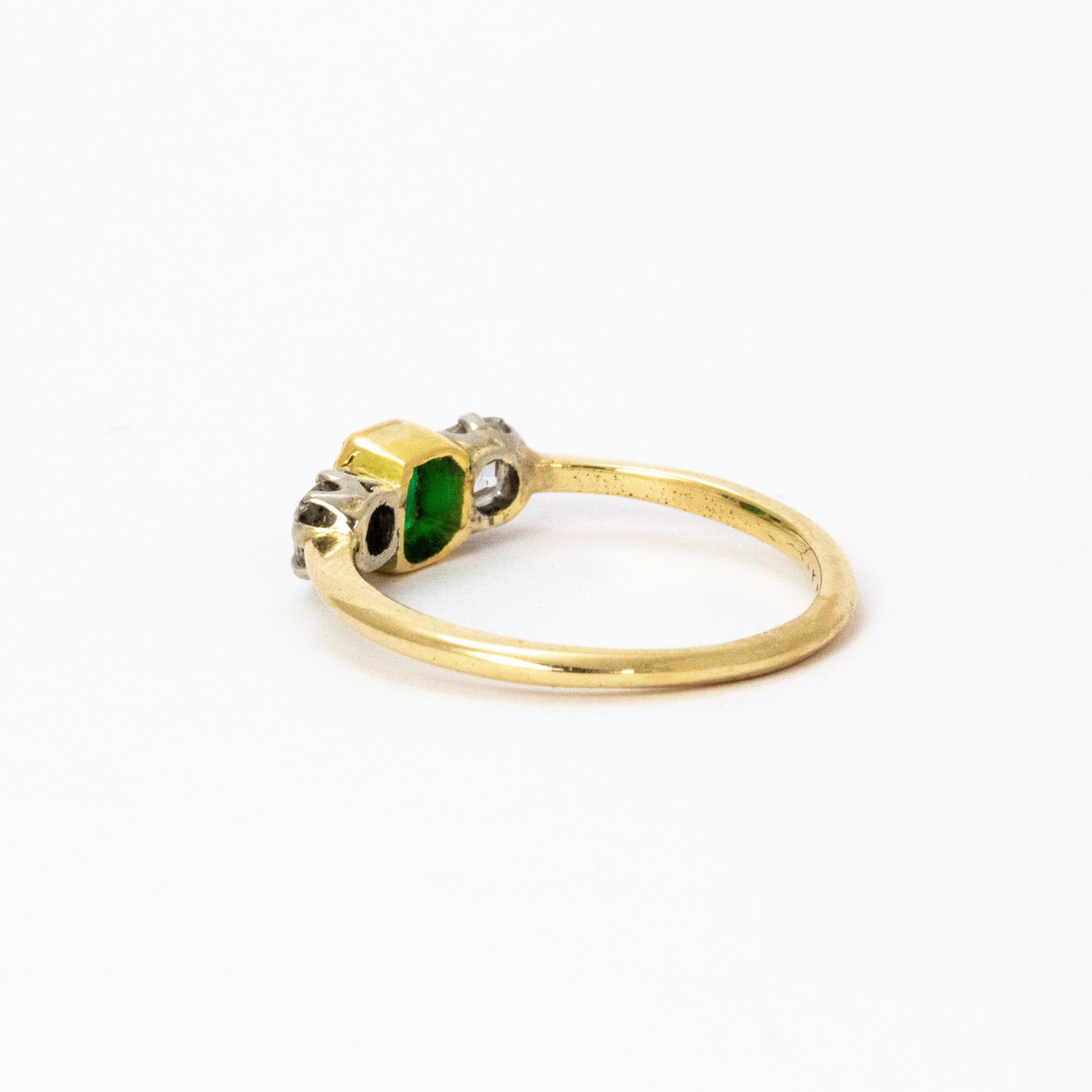Art Deco Vintage Emerald and Diamonds Three-Stone 18 Karat Yellow Gold Ring