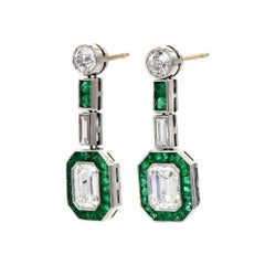 Art Deco Emerald and European Cut Diamond and Emerald Drop Earrings