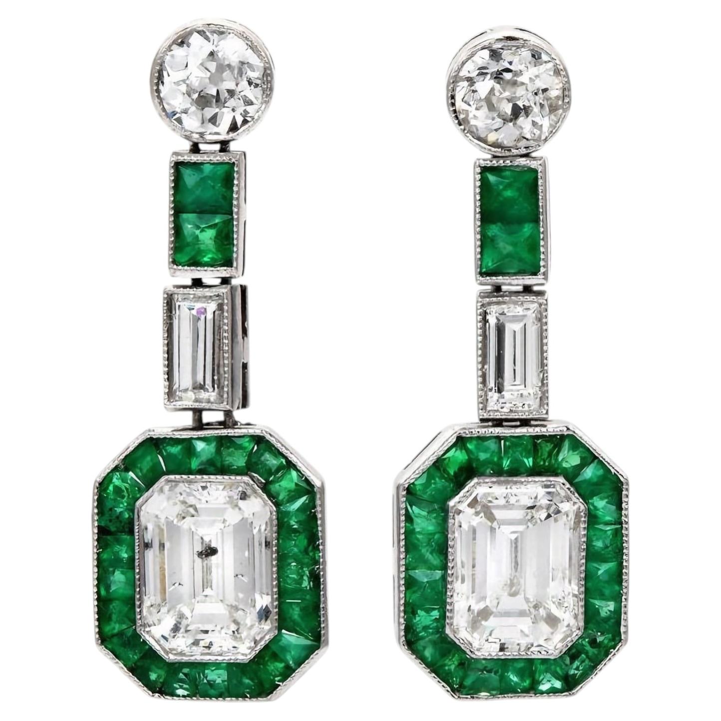 Art Deco Emerald and European Cut Diamond and Emerald Drop Earrings