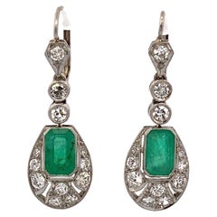 Antique Art Deco Emerald and Old European Cut Diamond Dangle Earrings