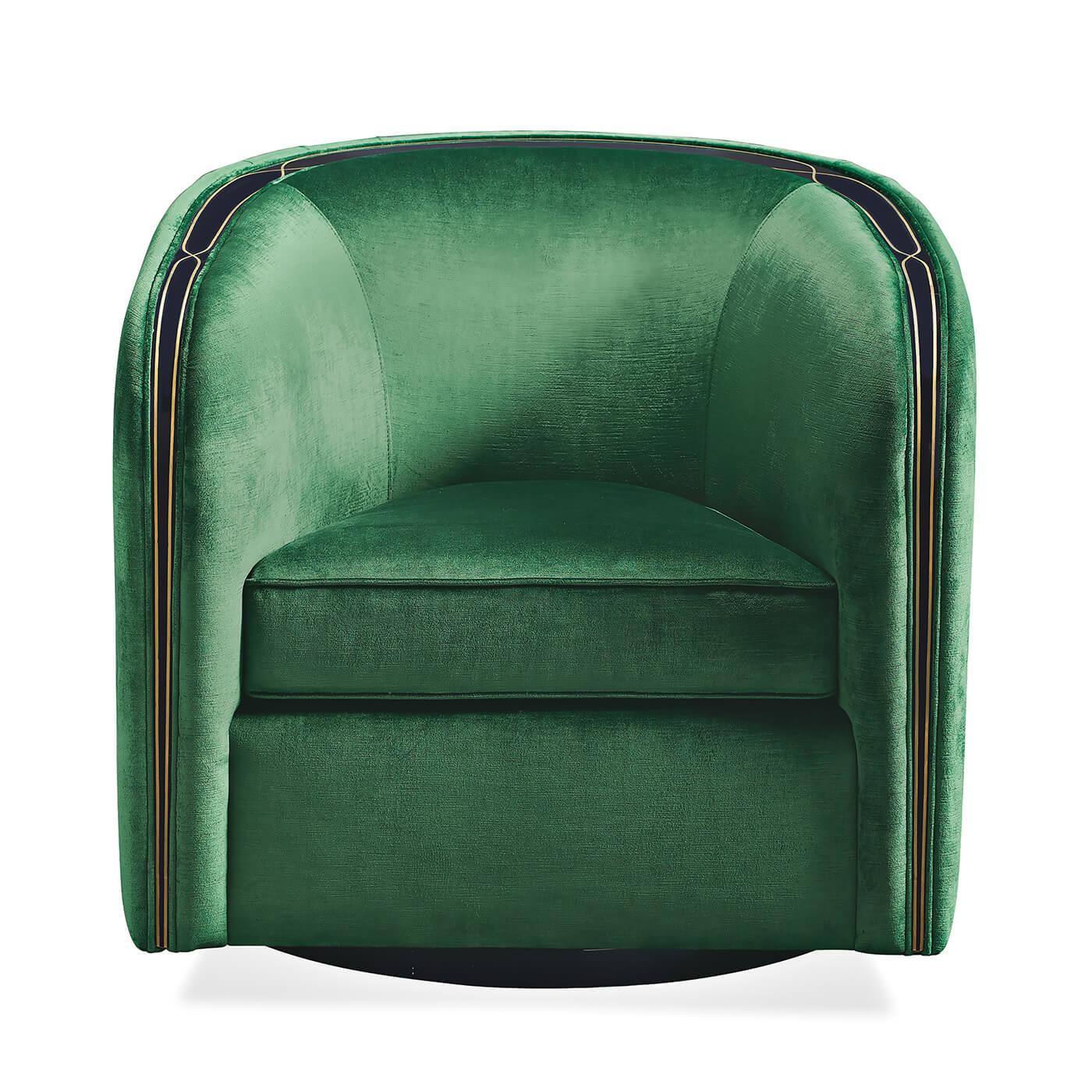 French Art Deco style emerald swivel base armchair. This armchair is glamour personified! Couture detail, a contemporary curving silhouette and fashionable upholstery define this eye-catching chair. It's upholstered in vibrant emerald green velvet.