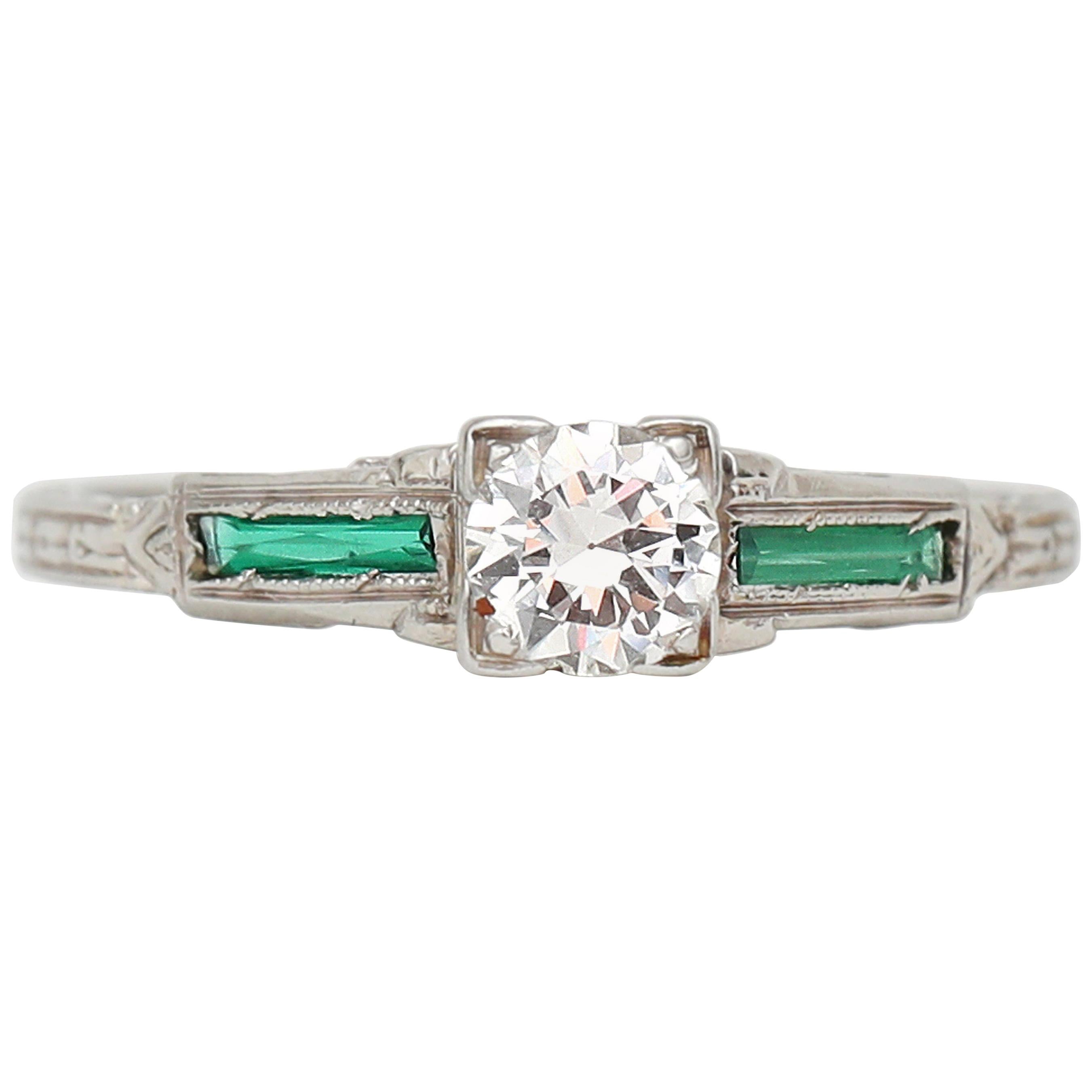 Art Deco Emerald Baguette and Old European Diamond 18 Karat Gold Carved Ring