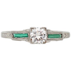 Art Deco Emerald Baguette and Old European Diamond 18 Karat Gold Carved Ring