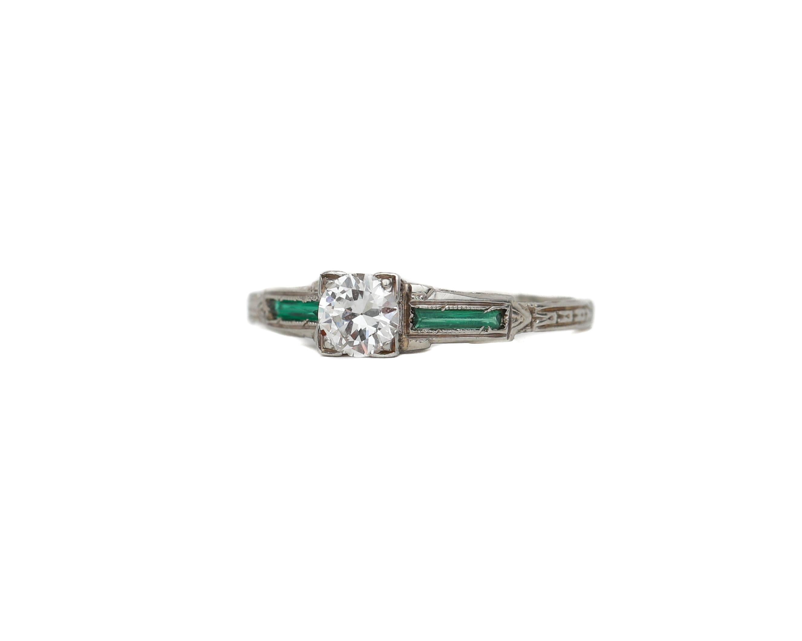 Old European Cut Art Deco Emerald Baguette and Old European Diamond 18 Karat Gold Carved Ring