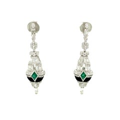 Art Deco Style Emerald, Black Onyx, and White Diamond Gold Dangle Earrings