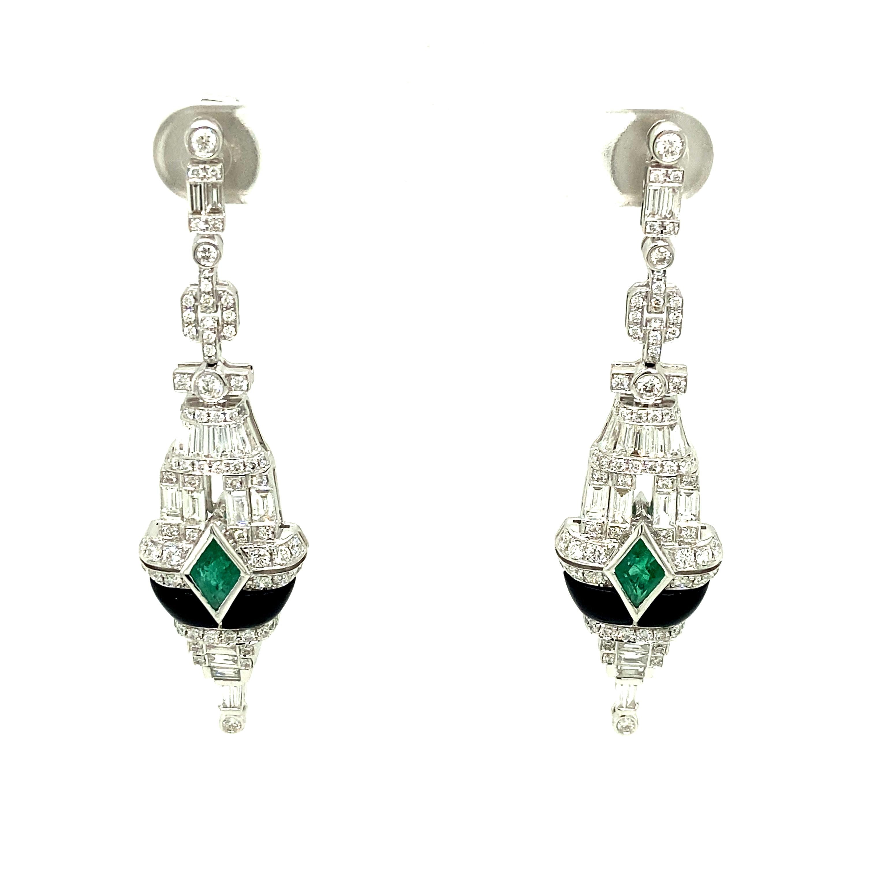 Kite Cut Art Deco Style Emerald, Black Onyx, and White Diamond Gold Dangle Earrings