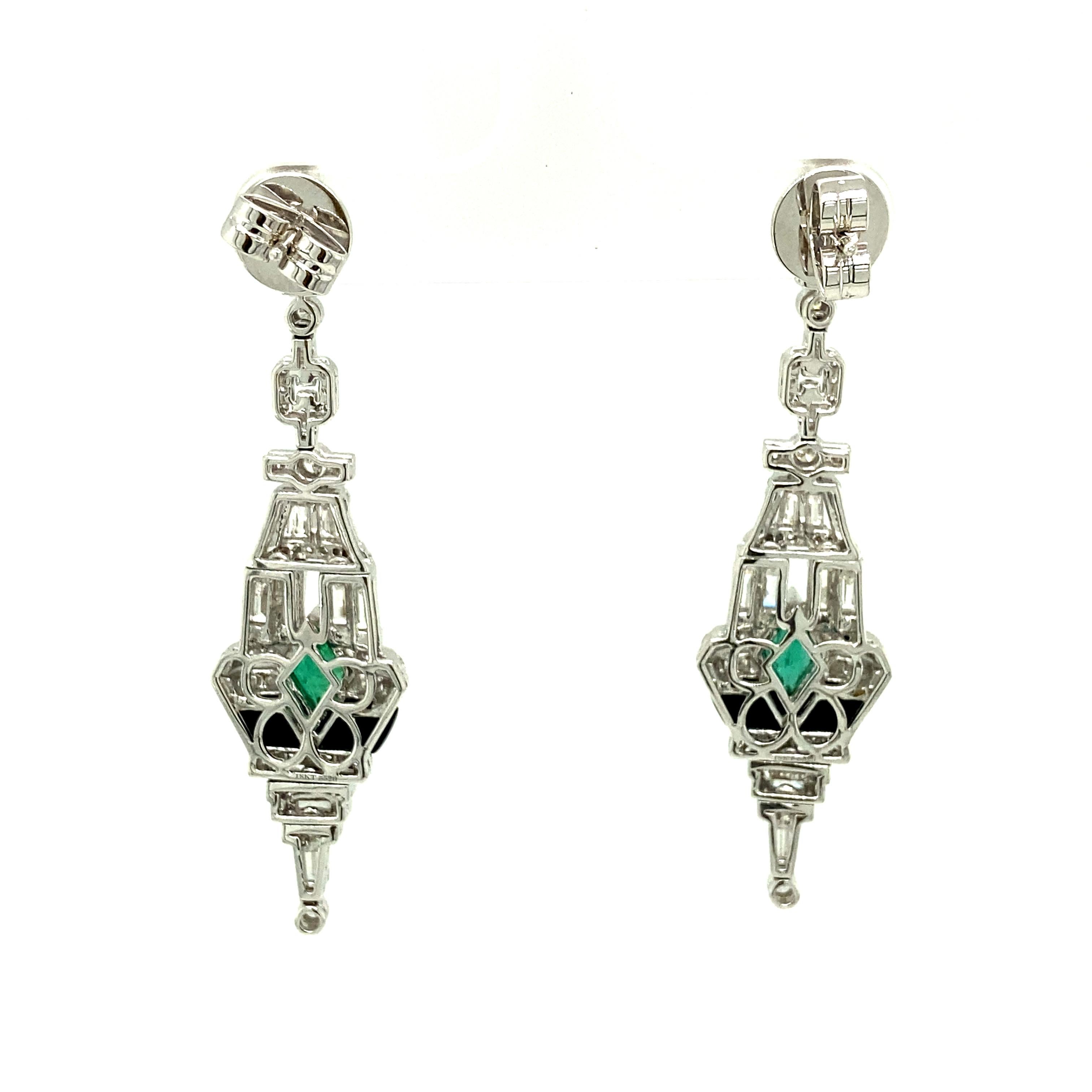 Art Deco Style Emerald, Black Onyx, and White Diamond Gold Dangle Earrings 1