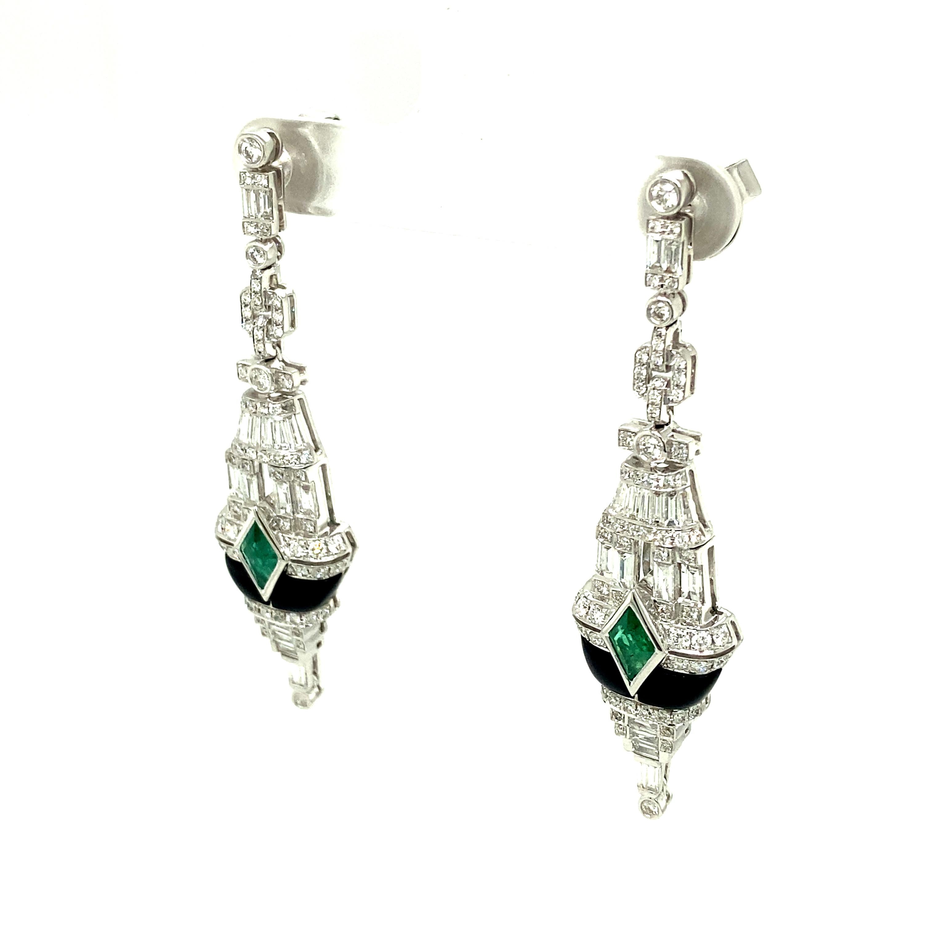 Art Deco Style Emerald, Black Onyx, and White Diamond Gold Dangle Earrings 2