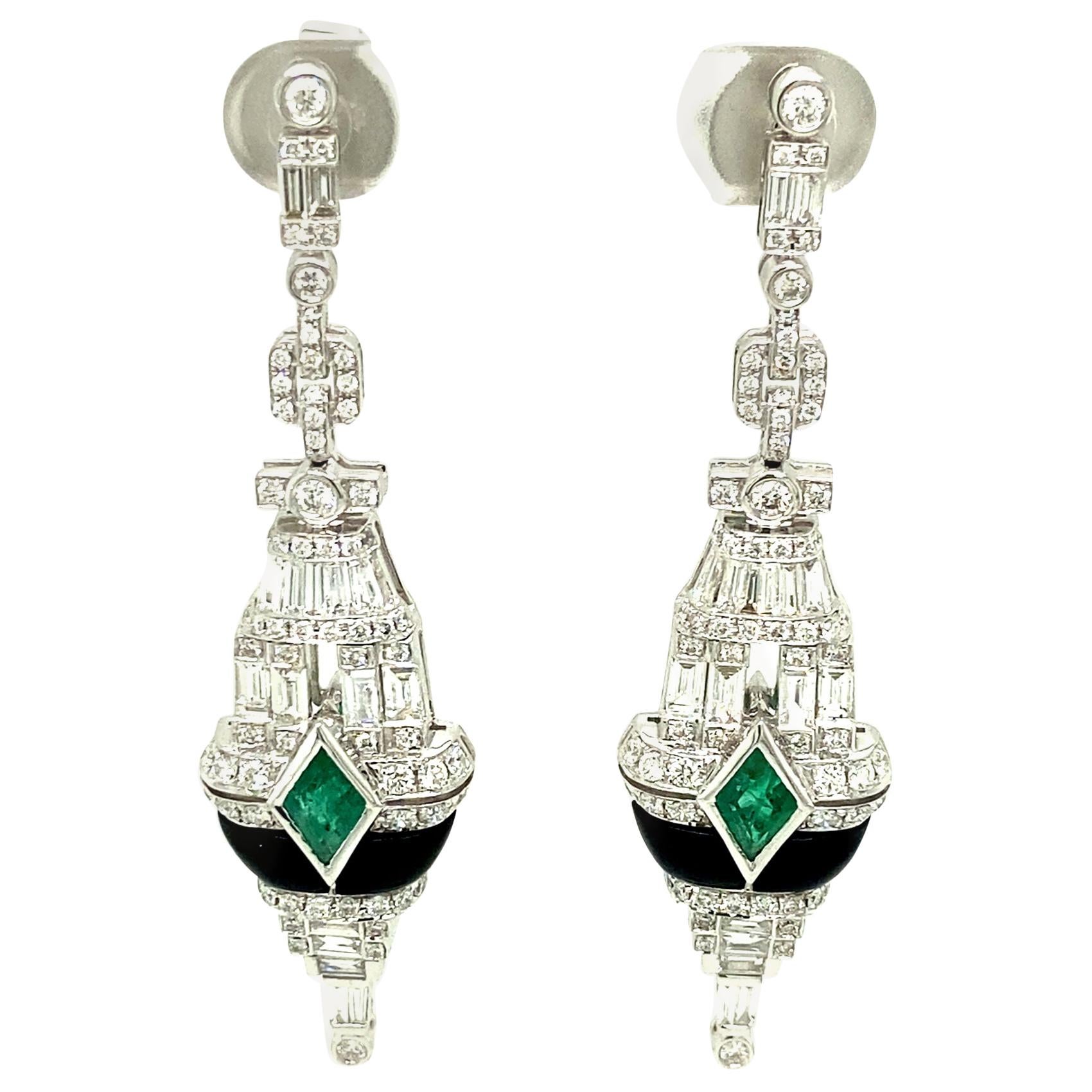 Art Deco Style Emerald, Black Onyx, and White Diamond Gold Dangle Earrings