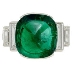 Art Deco Emerald Cabochon and Diamond Ring, circa 1935