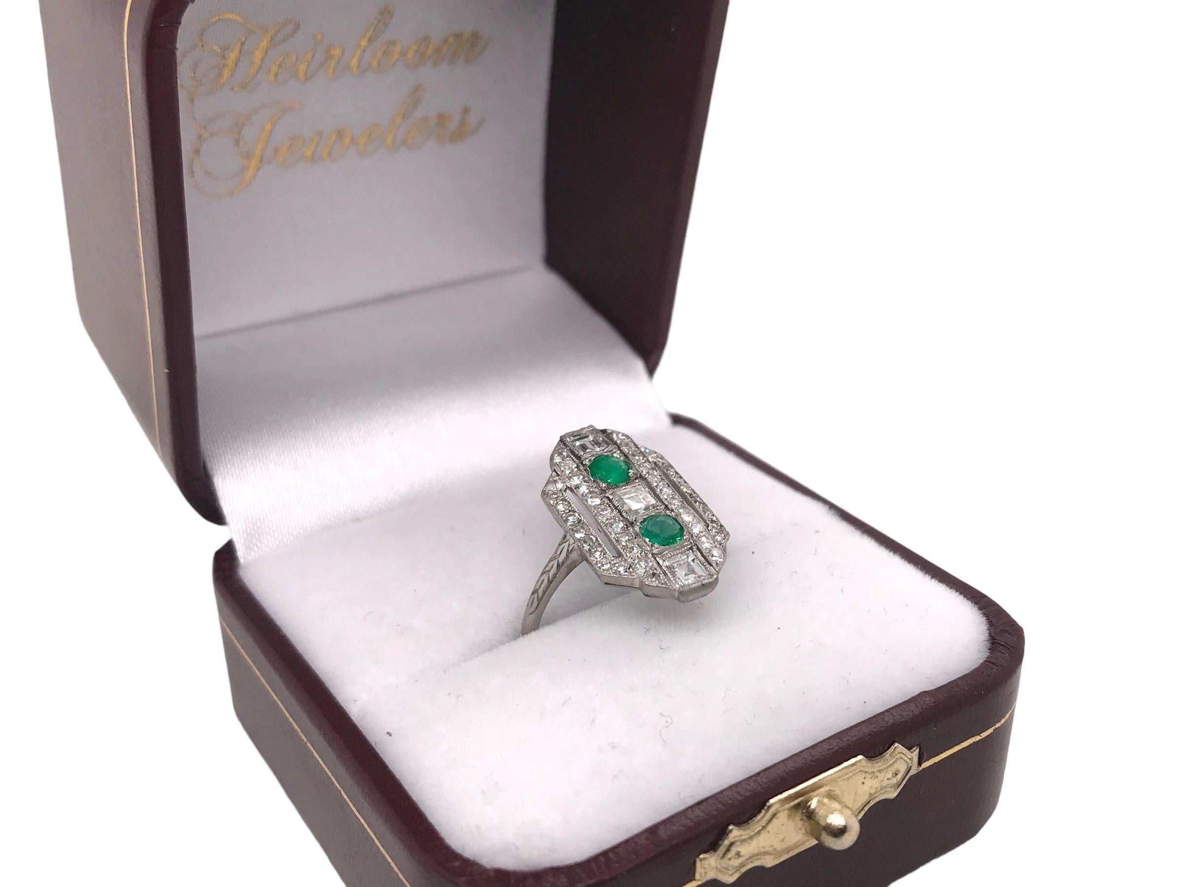 Art Deco Emerald & Carre Cut Diamond Platinum Cocktail Ring For Sale 5