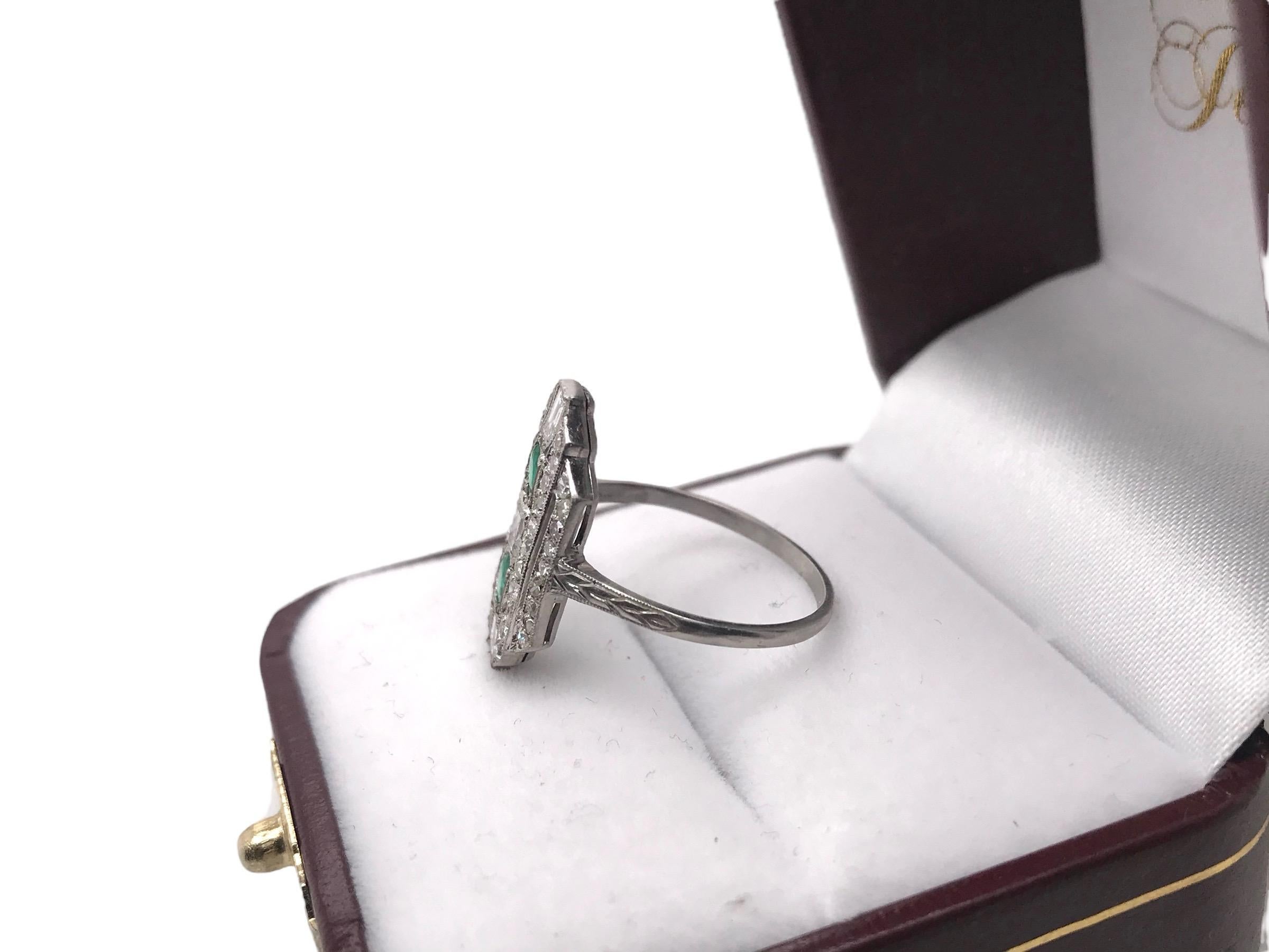 Art Deco Emerald & Carre Cut Diamond Platinum Cocktail Ring For Sale 6