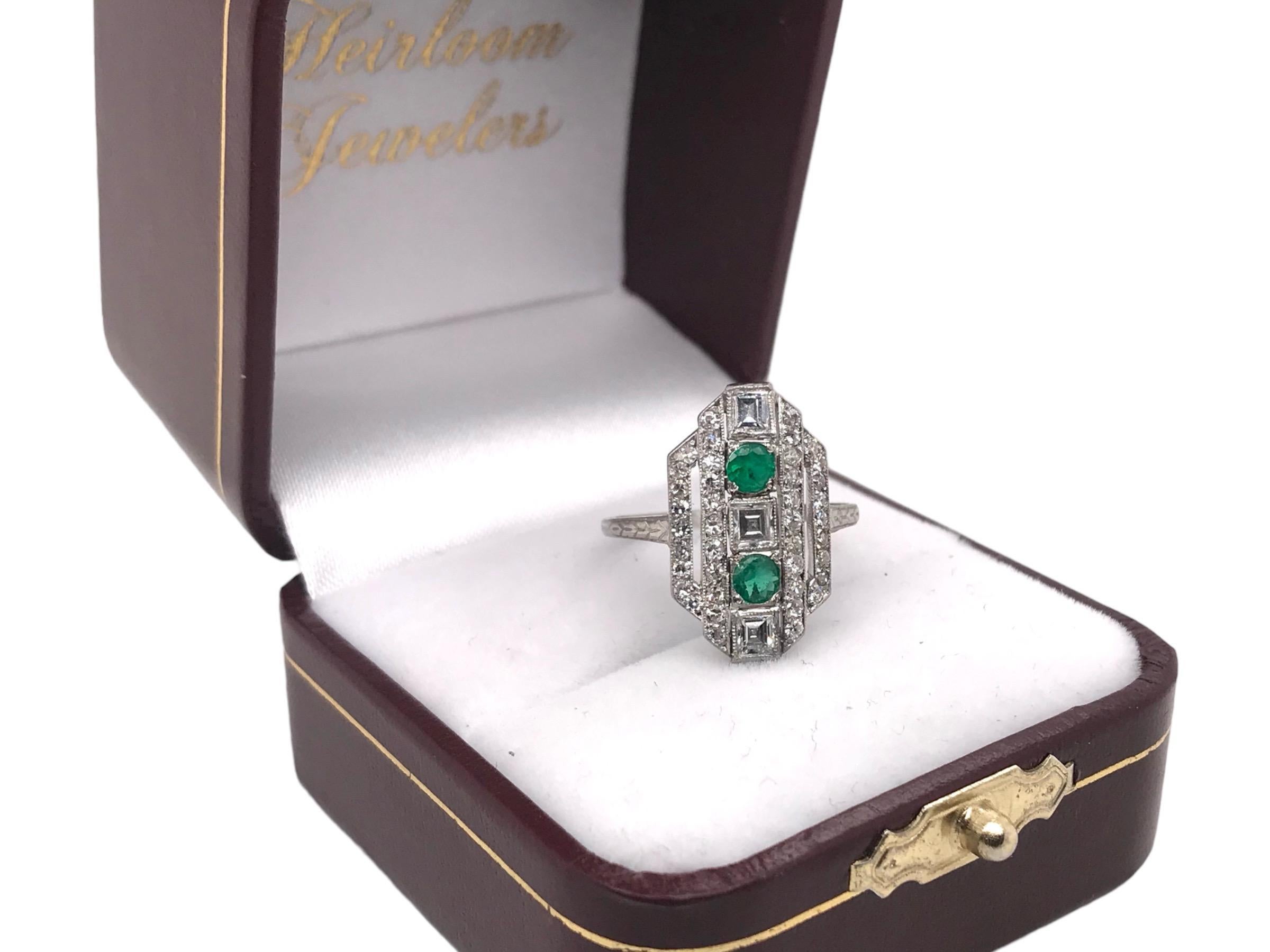 Art Deco Emerald & Carre Cut Diamond Platinum Cocktail Ring For Sale 2