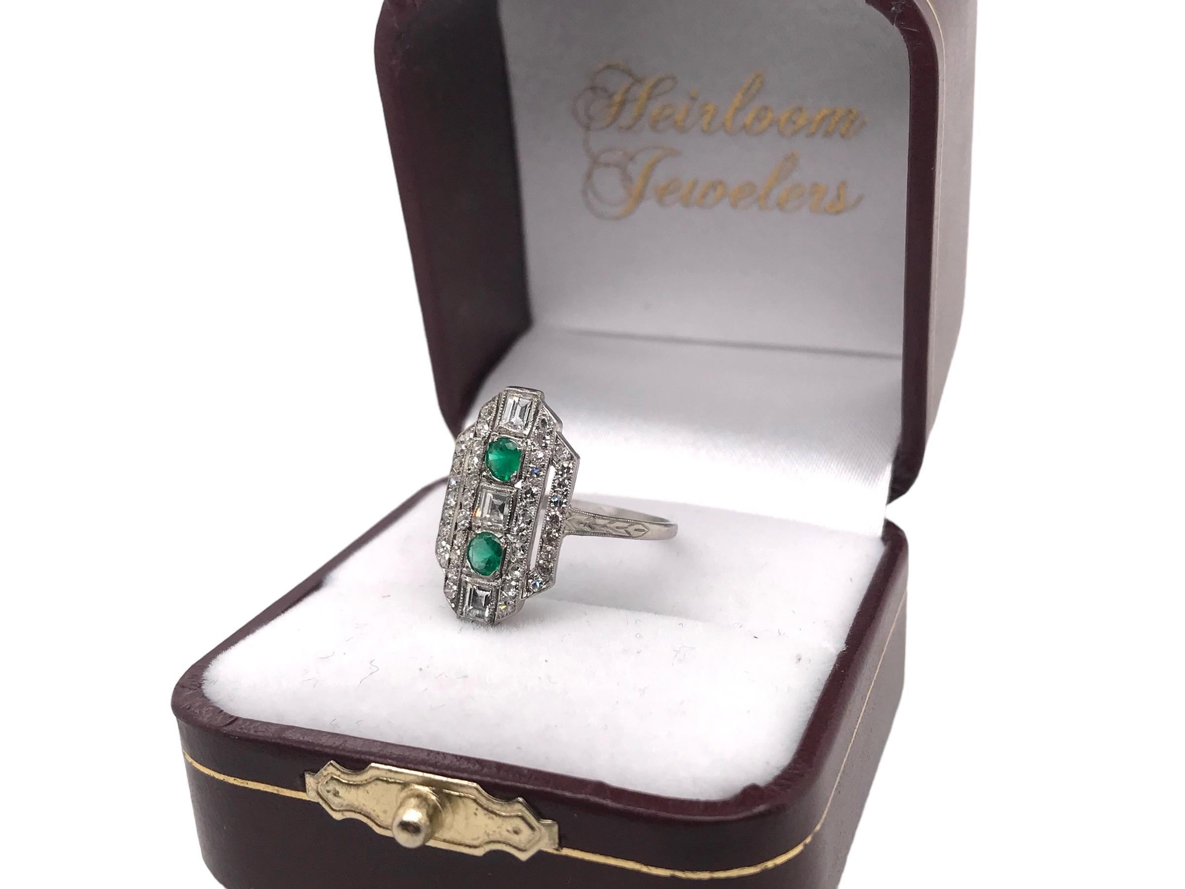 Art Deco Emerald & Carre Cut Diamond Platinum Cocktail Ring For Sale 3