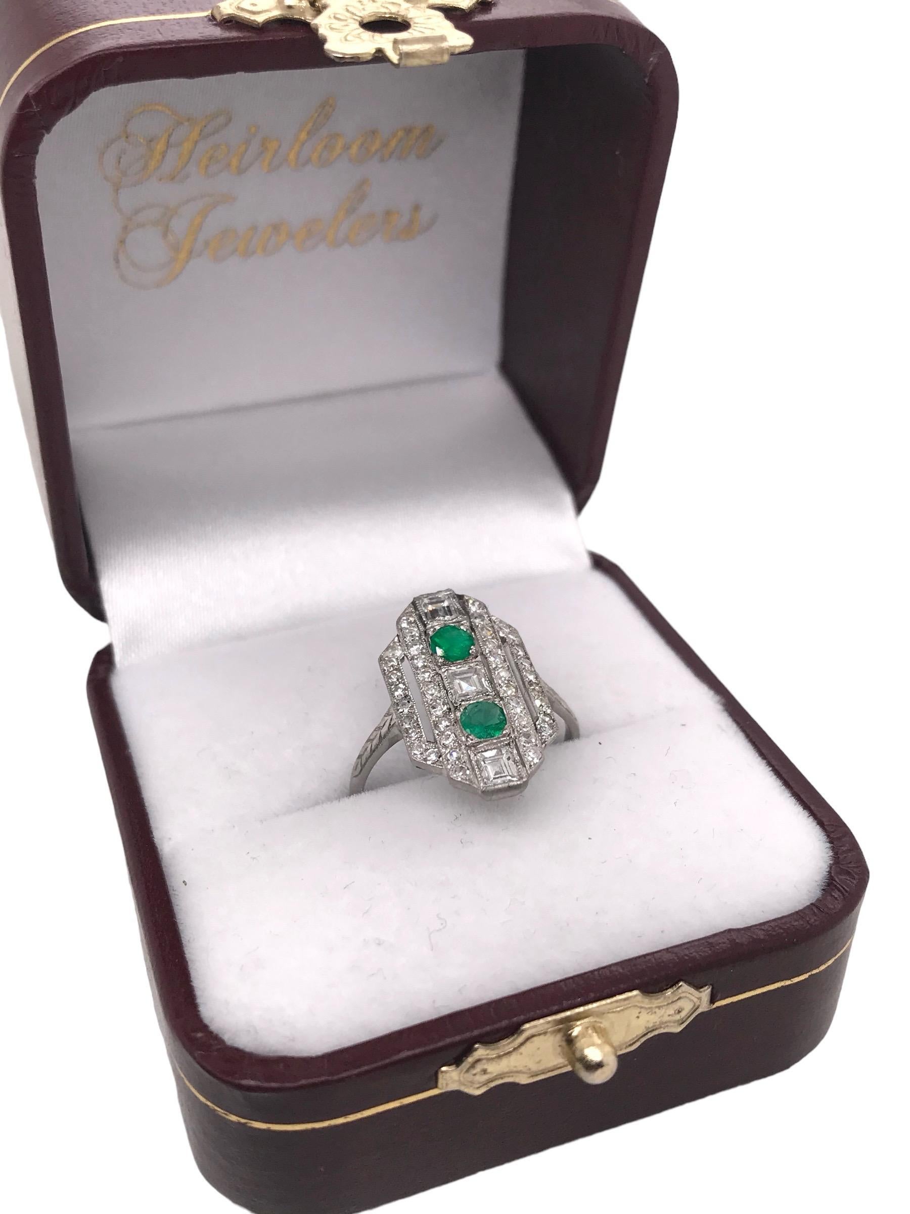 Art Deco Emerald & Carre Cut Diamond Platinum Cocktail Ring For Sale 4