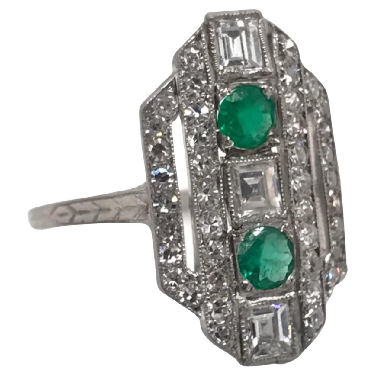 Art Deco Emerald & Carre Cut Diamond Platinum Cocktail Ring For Sale