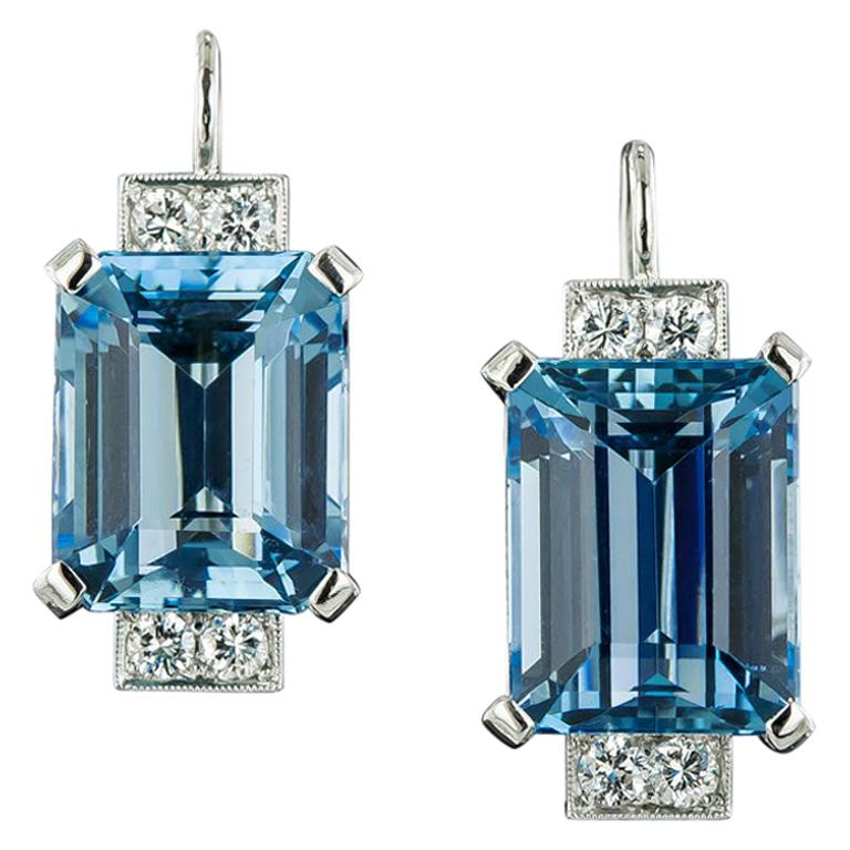 Art Deco Emerald-Cut Aquamarine and Diamond Earrings at 1stDibs