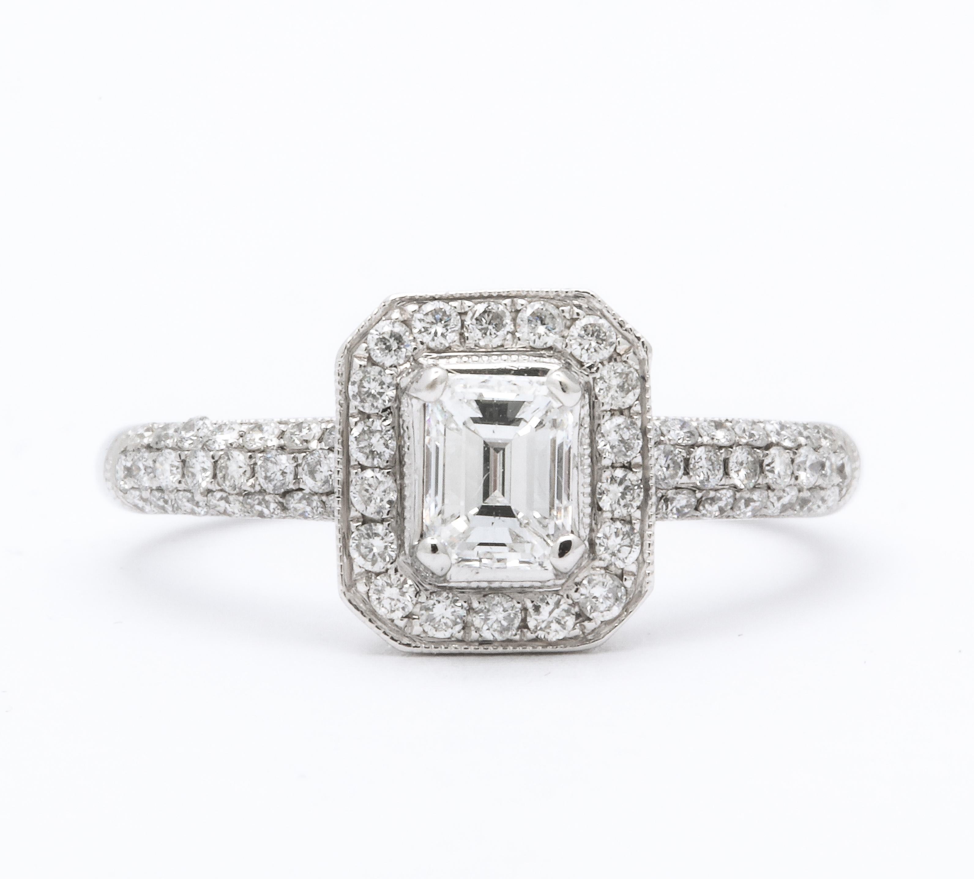 Emerald Cut Diamond and 18k White Gold Engagement Ring For Sale 1