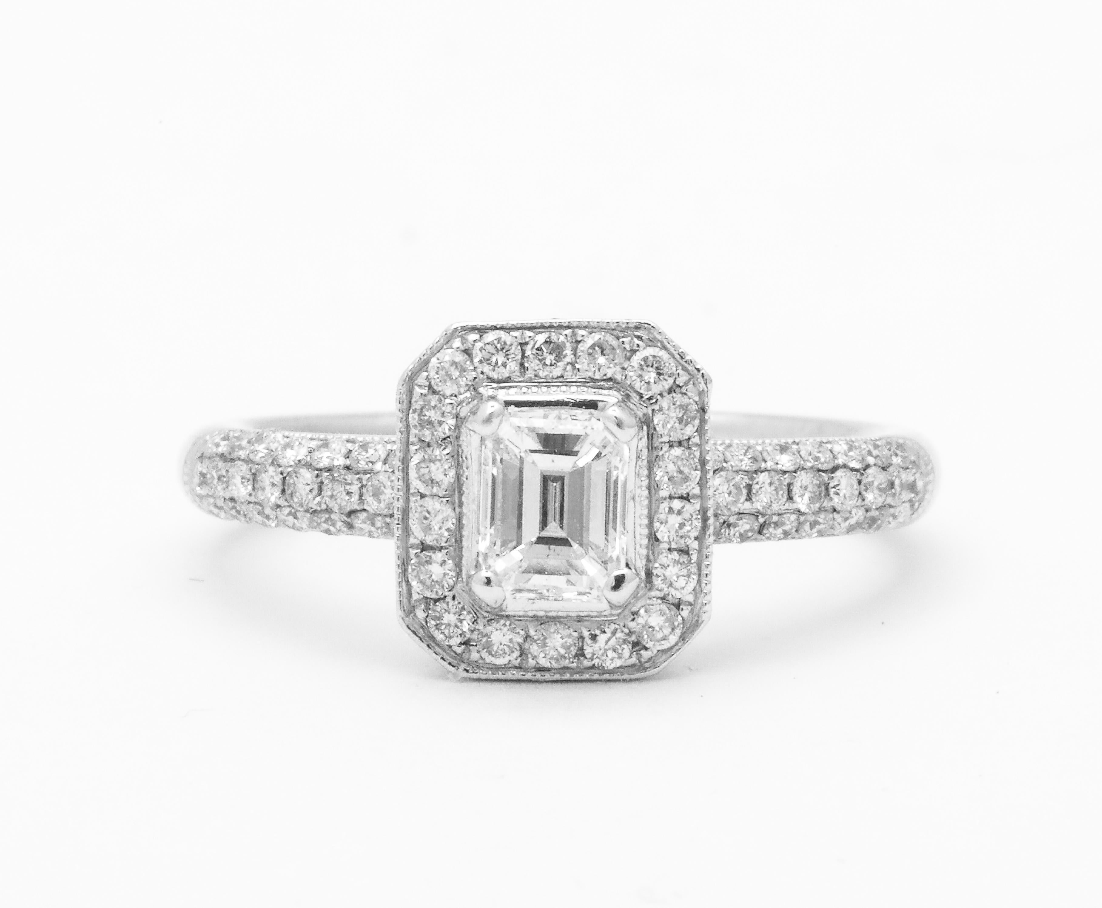 Emerald Cut Diamond and 18k White Gold Engagement Ring For Sale 5