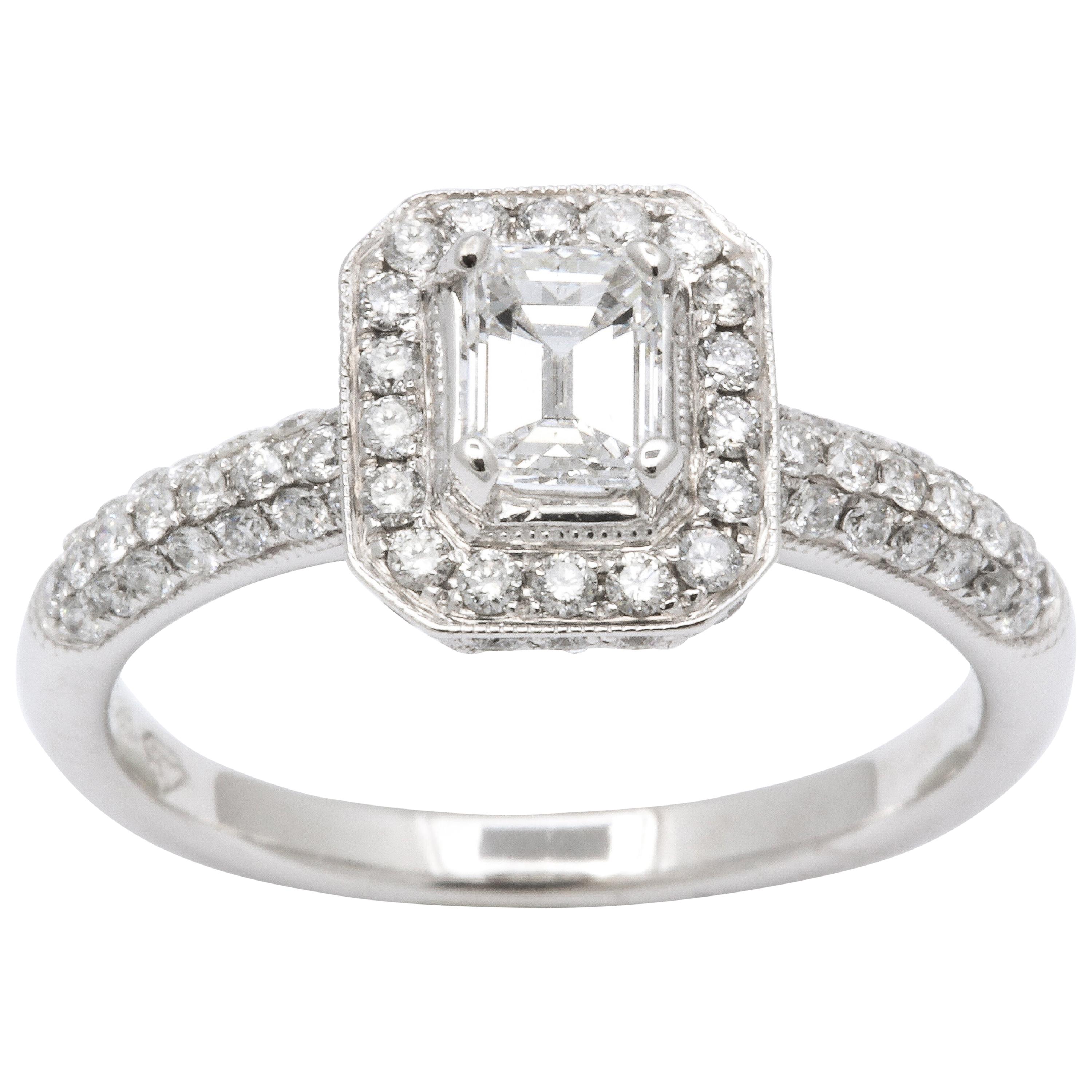Emerald Cut Diamond and 18k White Gold Engagement Ring For Sale