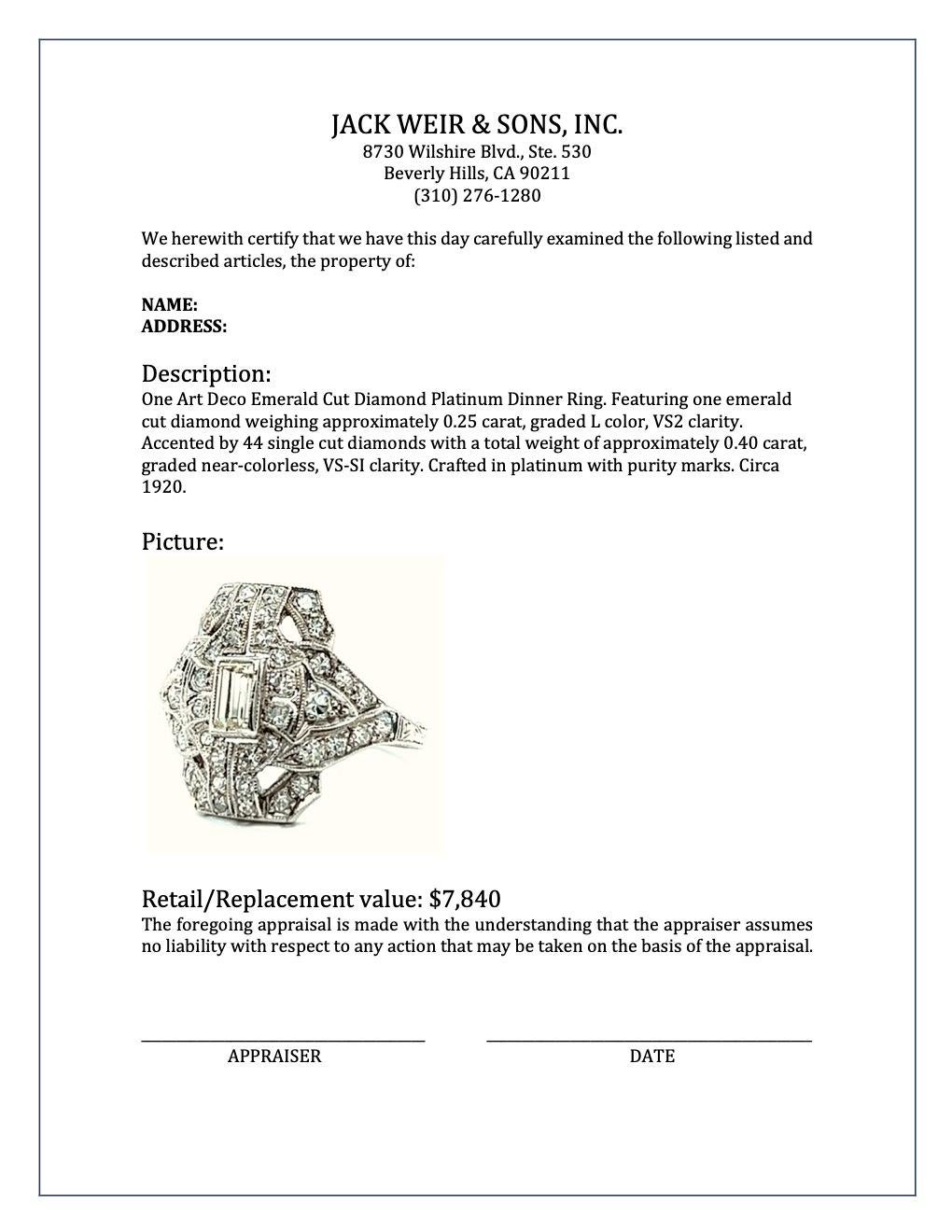 Women's or Men's Art Deco Emerald Cut Diamond Platinum Dinner Ring