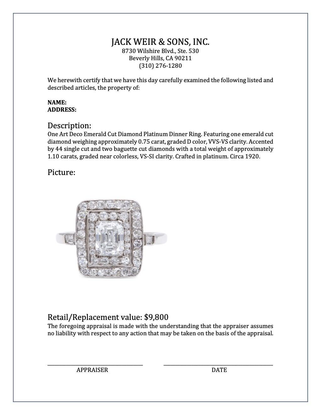 Art Deco Emerald Cut Diamond Platinum Dinner Ring For Sale 3