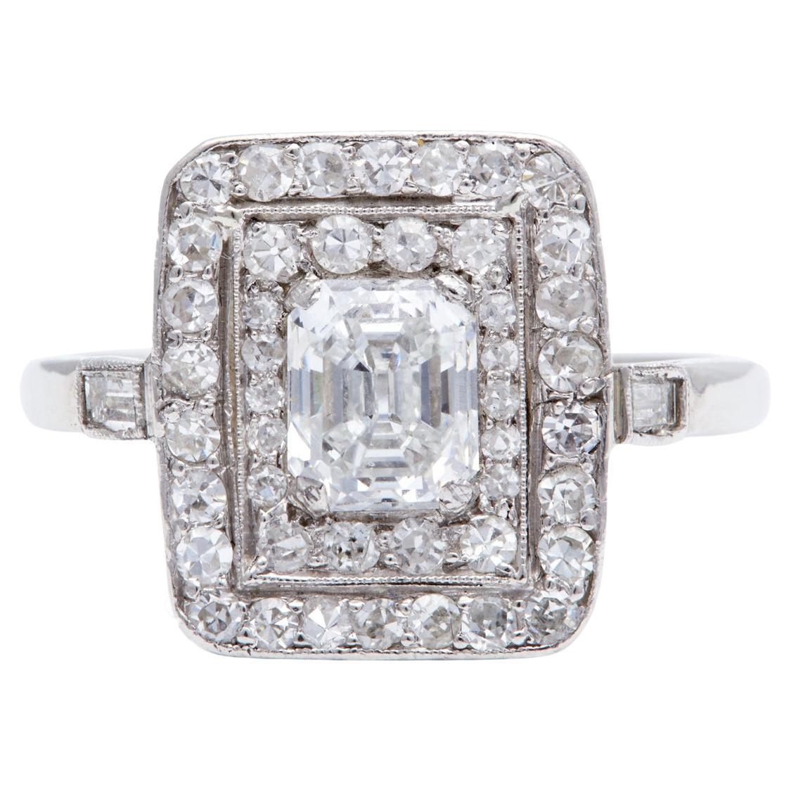 Art Deco Emerald Cut Diamond Platinum Dinner Ring For Sale