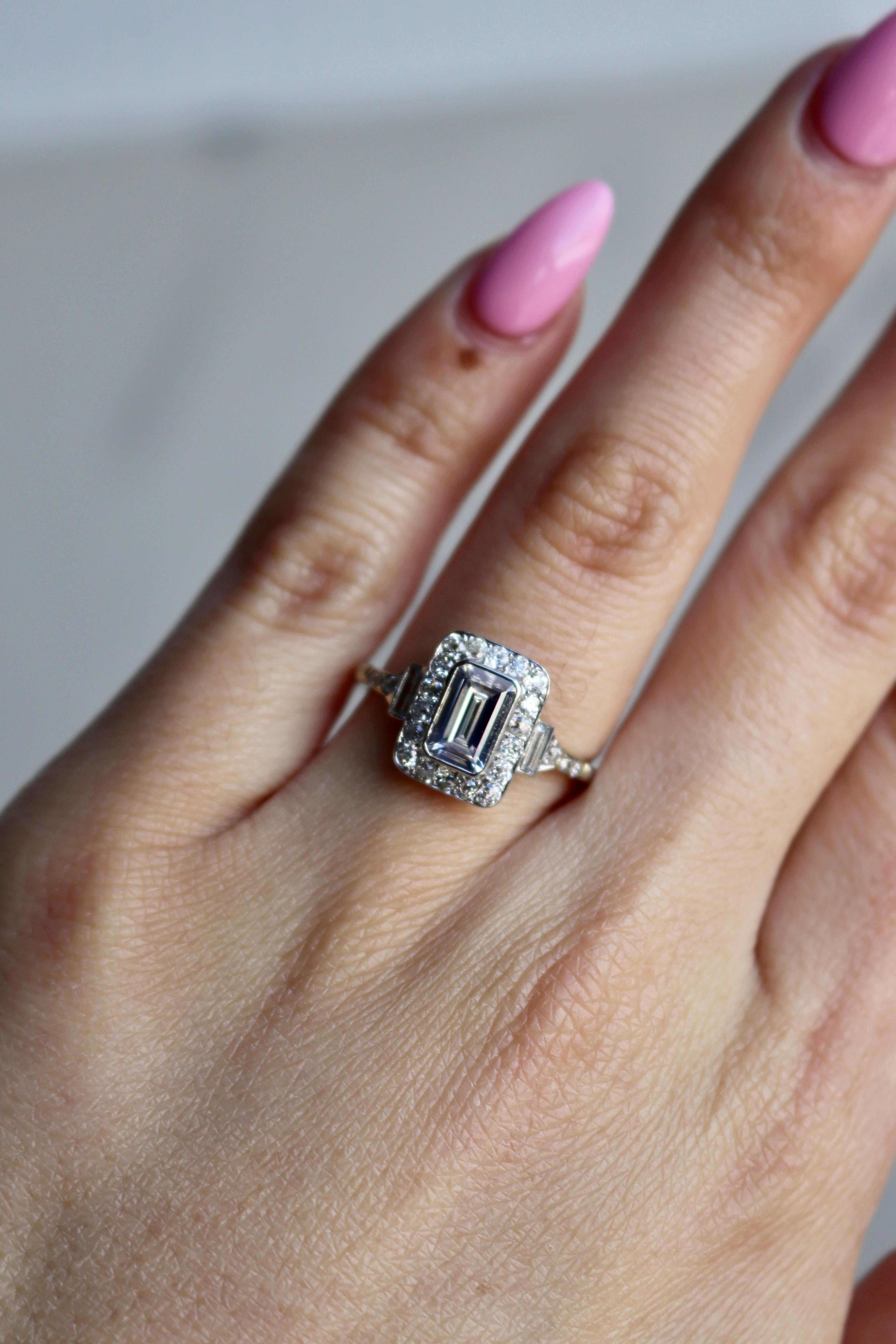 Art Deco Emerald Cut Diamond Platinum Ring For Sale 2