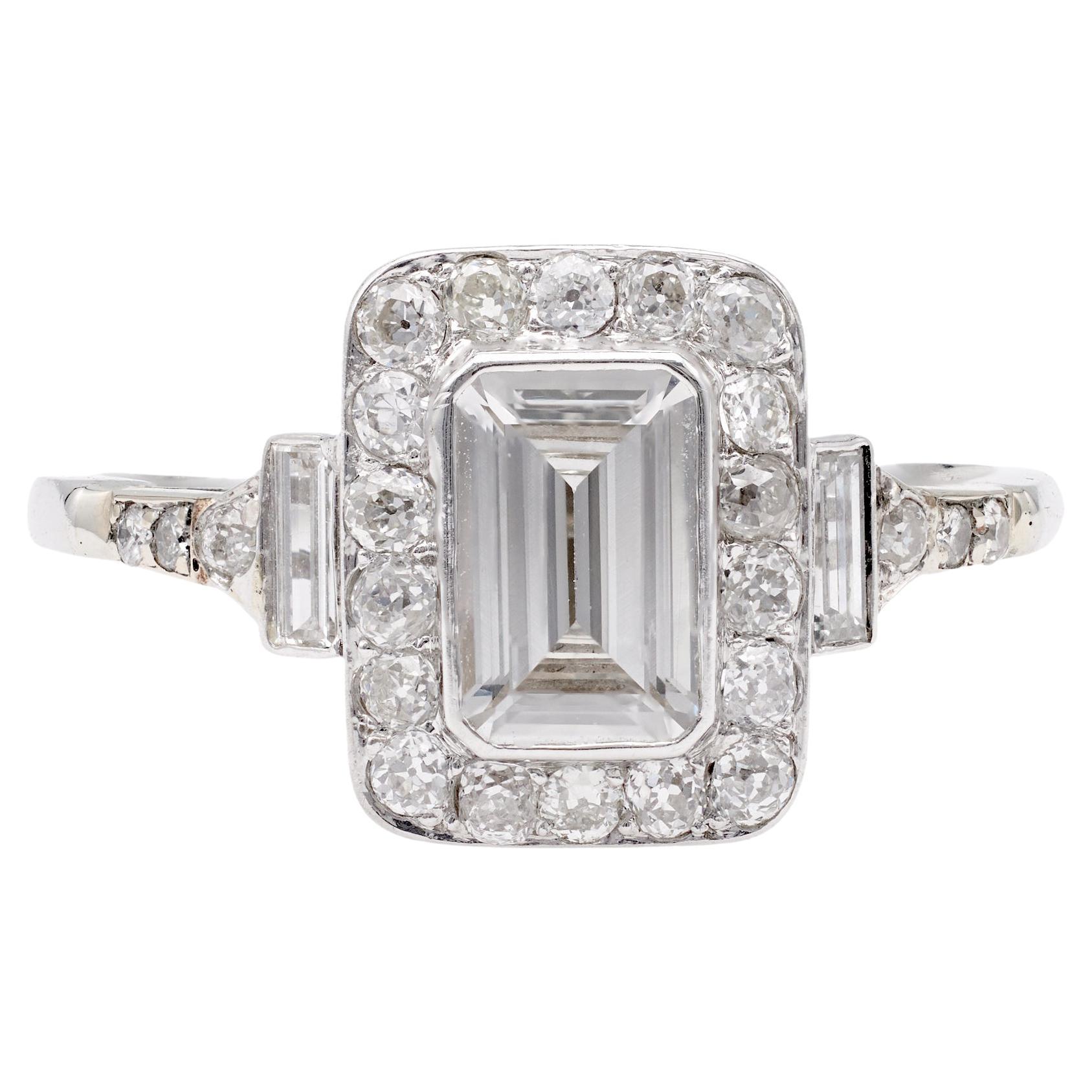 Art Deco Emerald Cut Diamond Platinum Ring For Sale