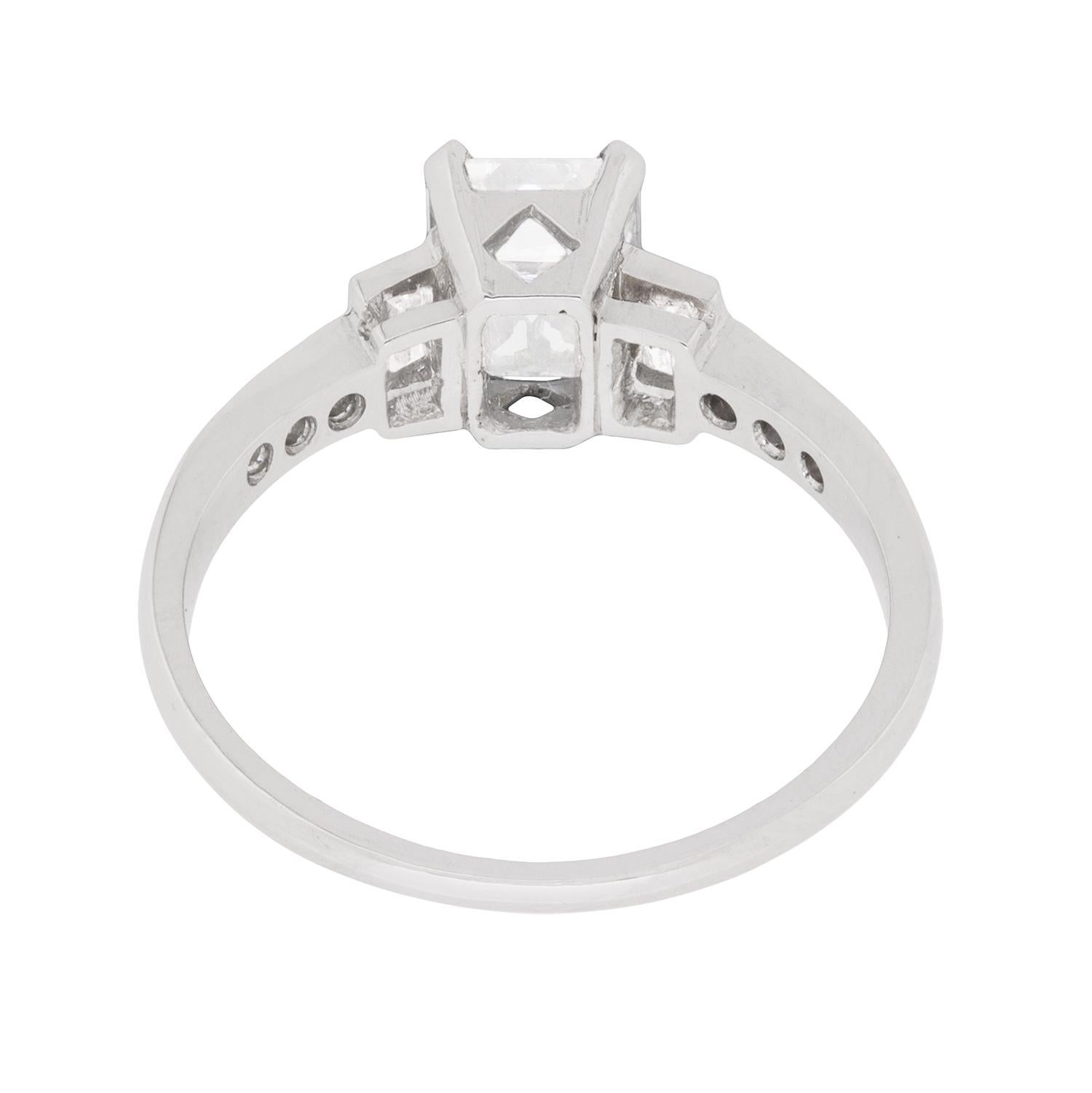 Women's or Men's Art Deco Emerald Cut Diamond Solitaire Engagement Ring, circa 1940s