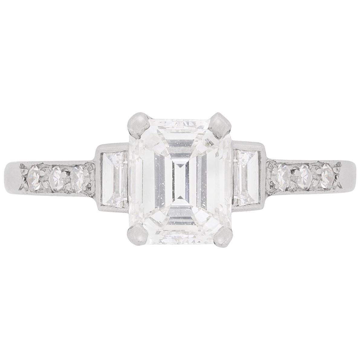 Art Deco Emerald Cut Diamond Solitaire Engagement Ring, circa 1940s
