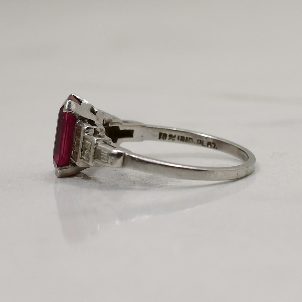 Women's Art Deco Emerald Cut Ruby w/ Baguette Cut Diamonds Platinum Ring R-923PCF-N65