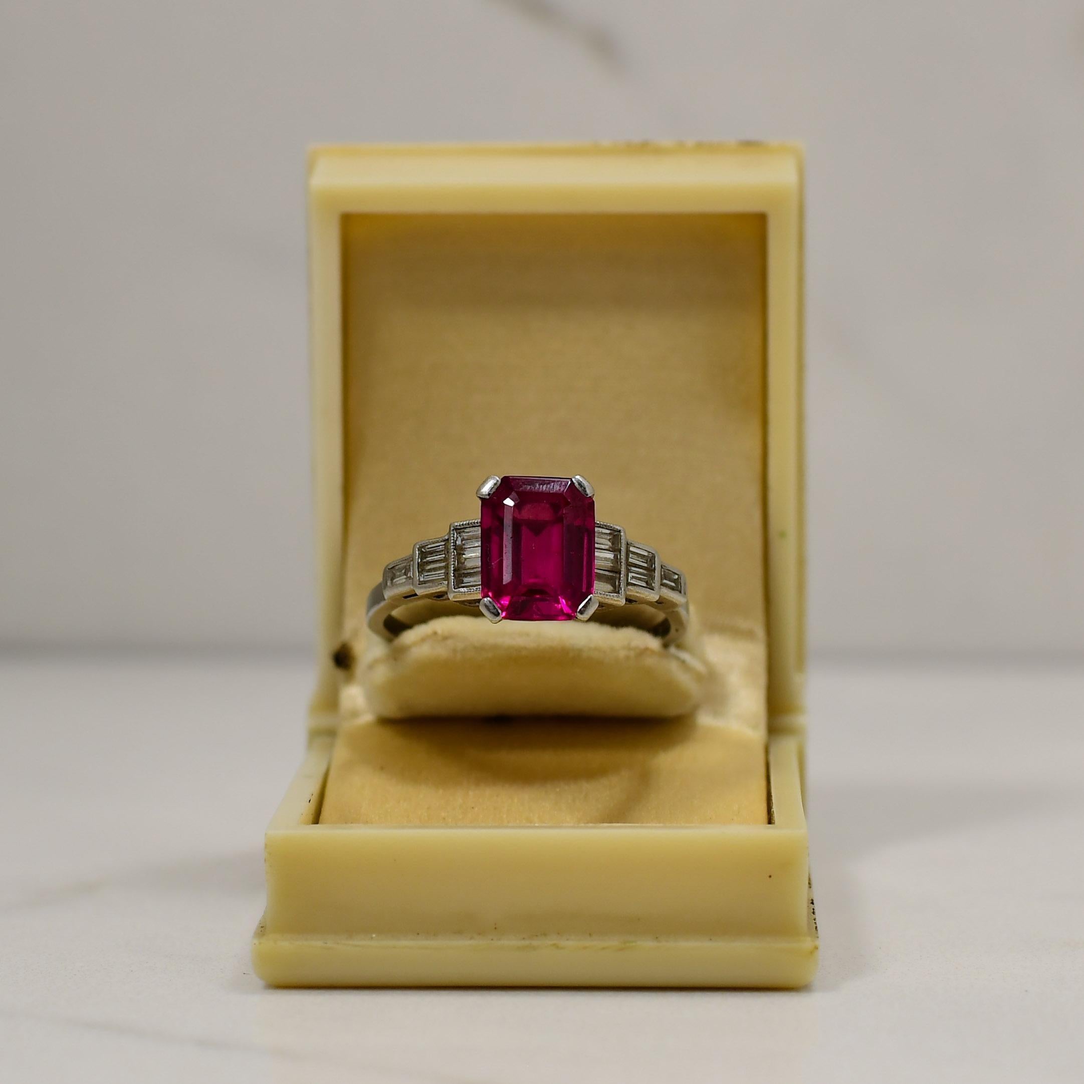 Art Deco Emerald Cut Ruby w/ Baguette Cut Diamonds Platinum Ring R-923PCF-N65 2