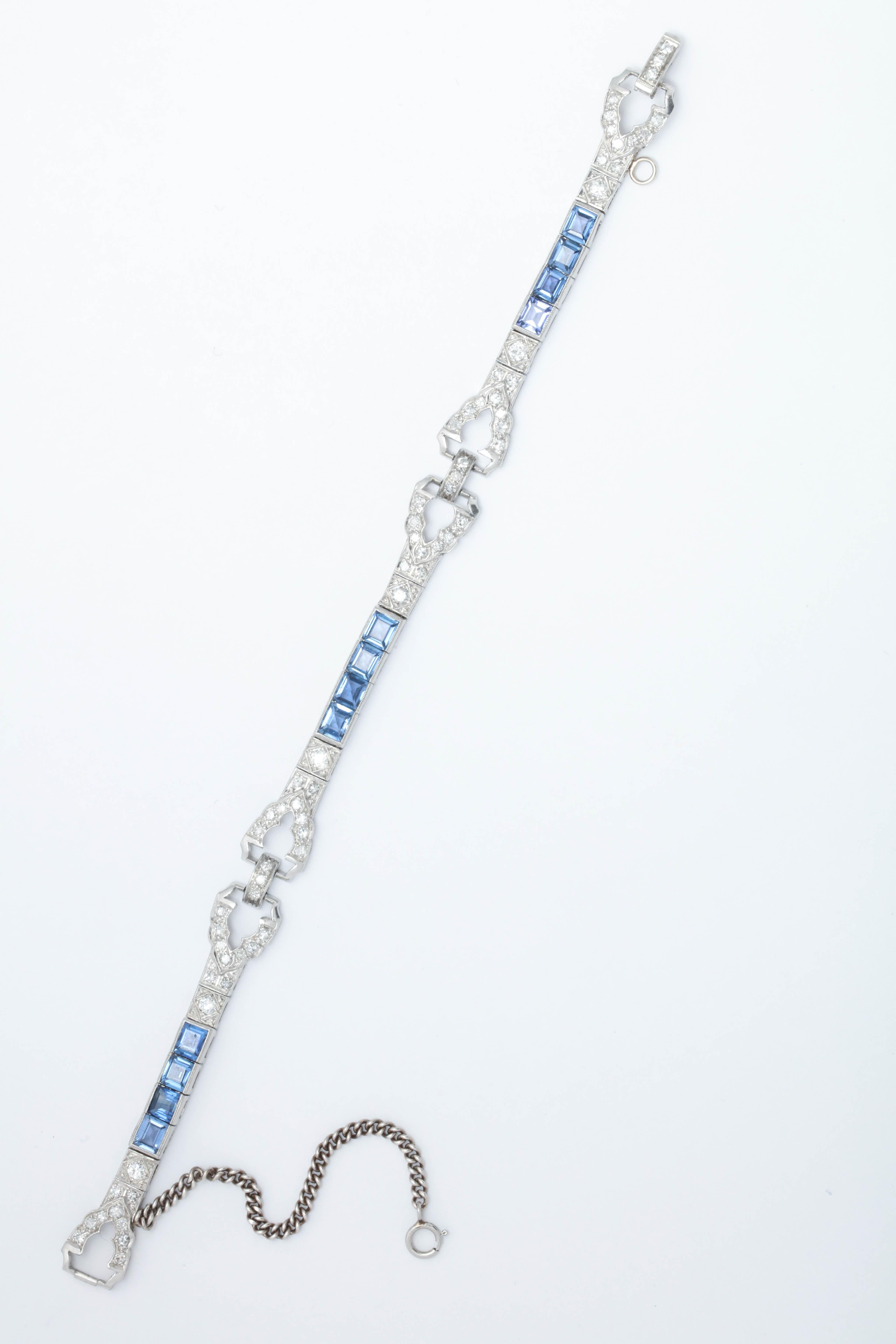 Art Deco Emerald Cut Sapphires with Diamonds Platinum Flexible Link Bracelet Damen