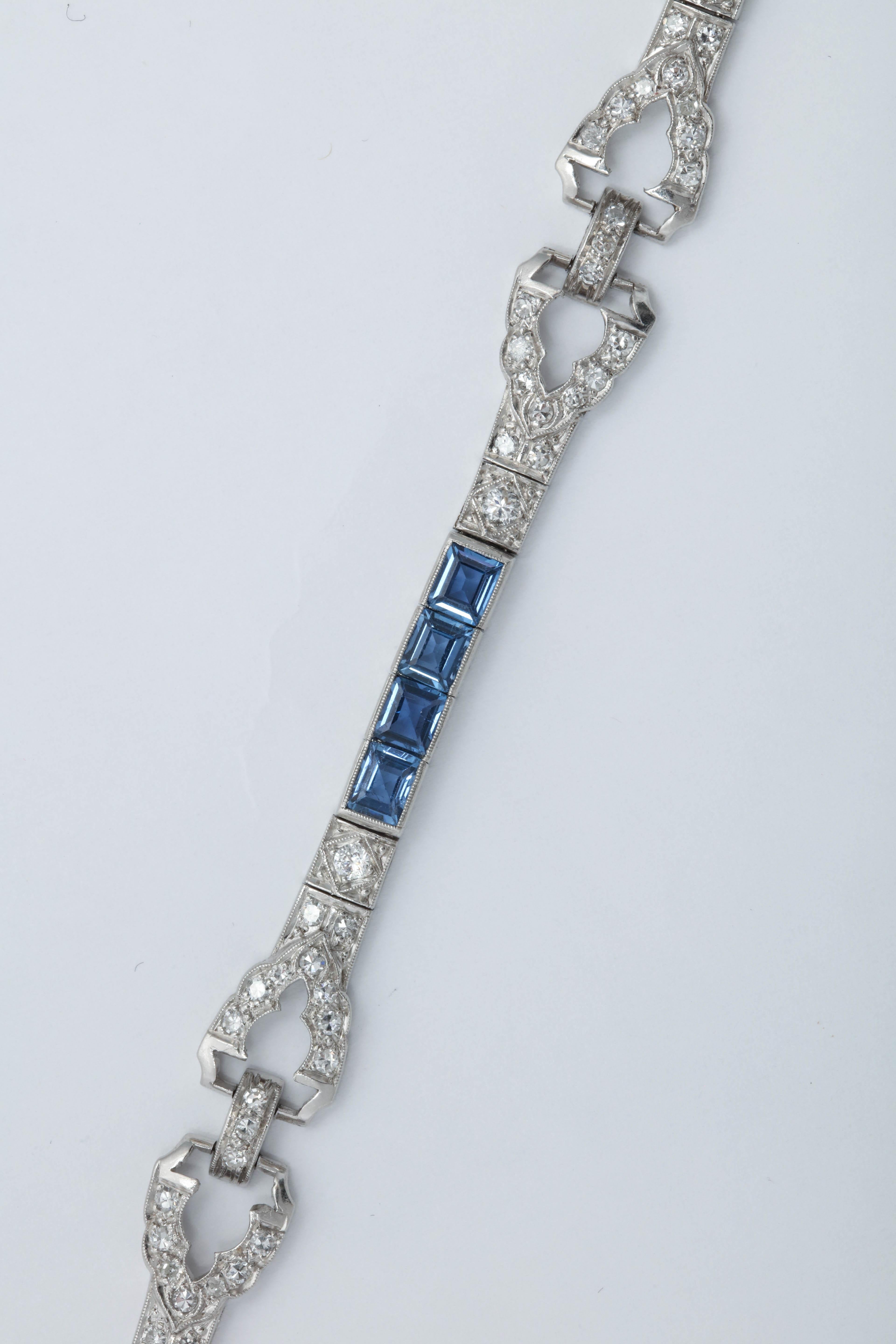 Art Deco Emerald Cut Sapphires with Diamonds Platinum Flexible Link Bracelet 2