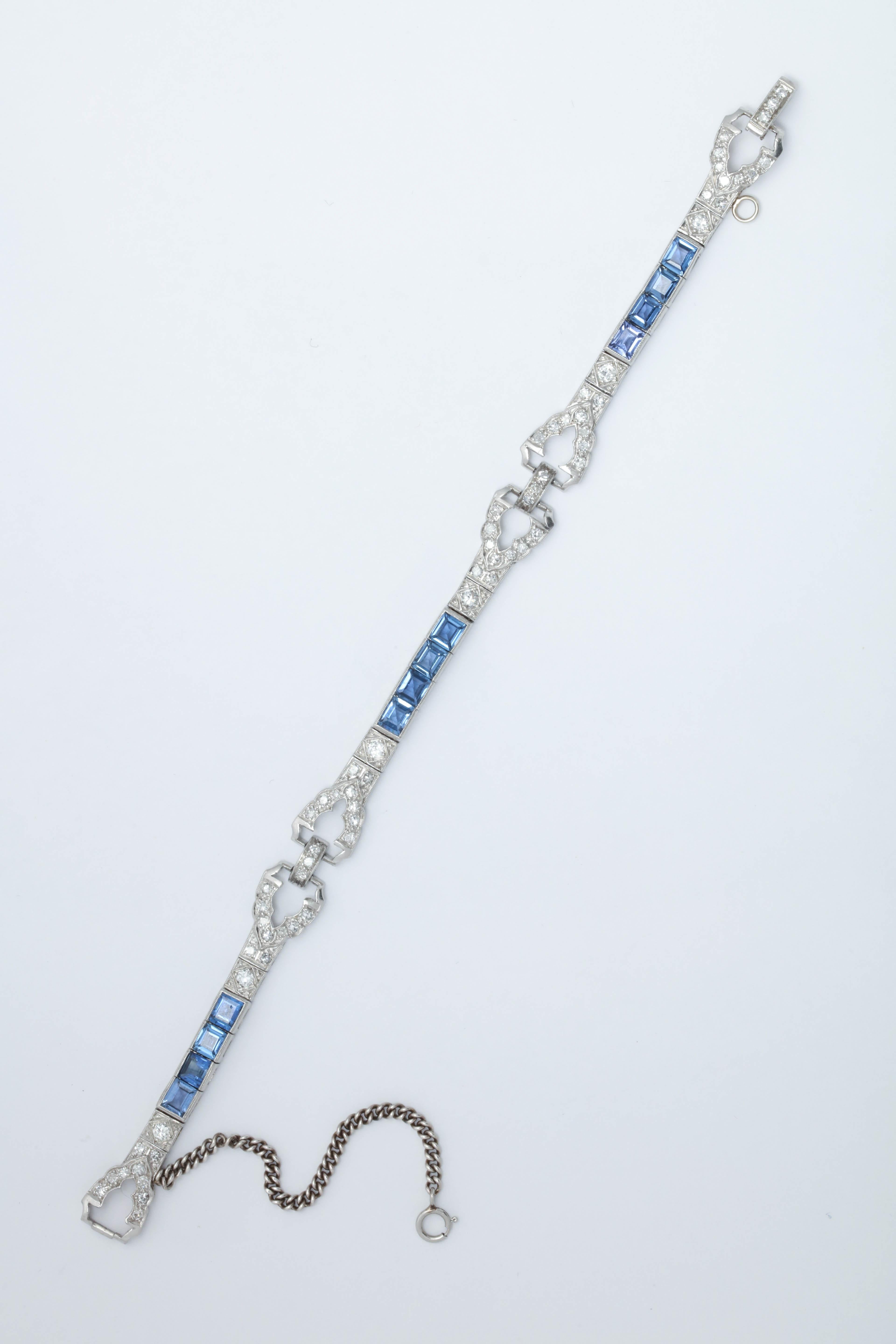 Art Deco Emerald Cut Sapphires with Diamonds Platinum Flexible Link Bracelet 3