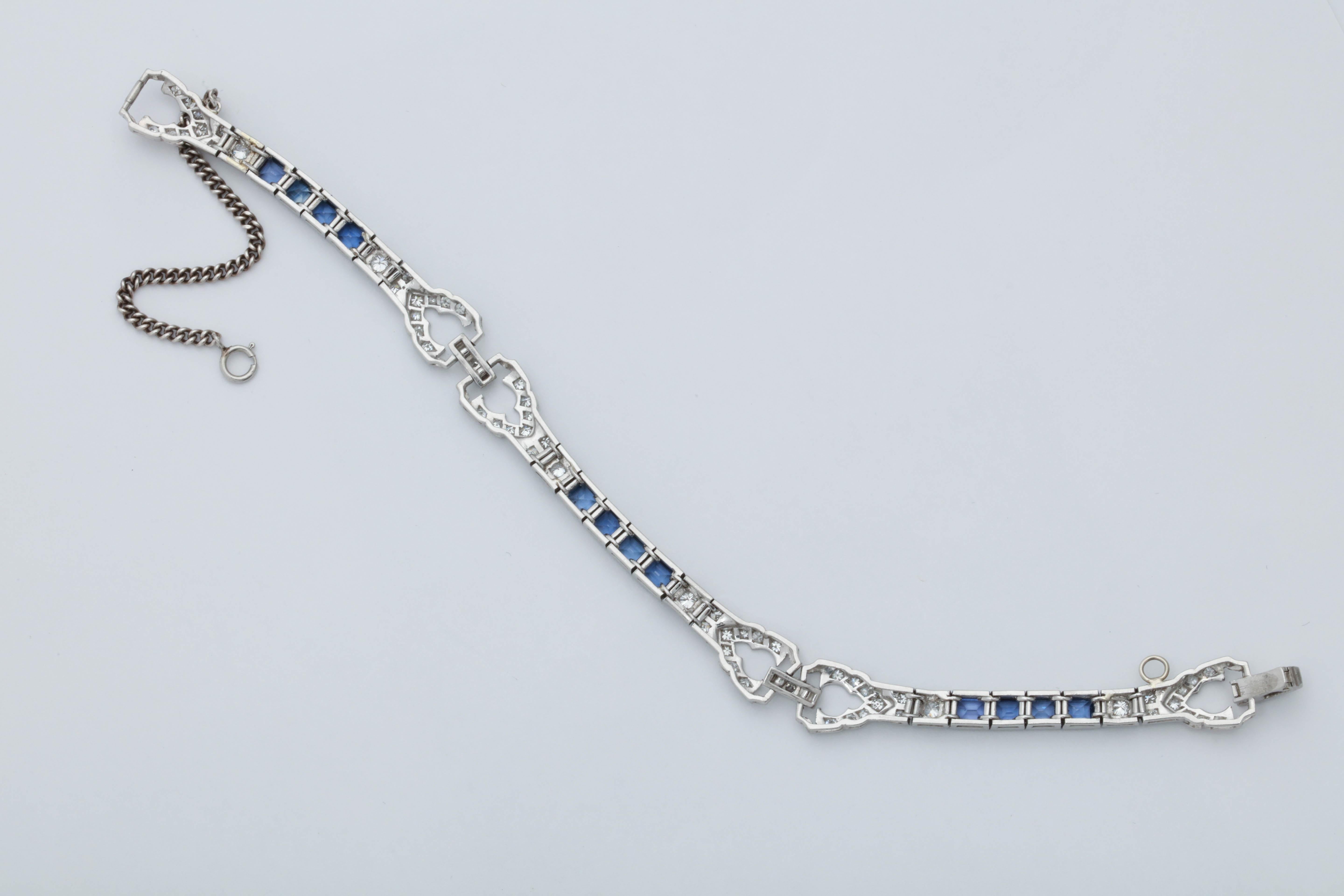 Art Deco Emerald Cut Sapphires with Diamonds Platinum Flexible Link Bracelet 3