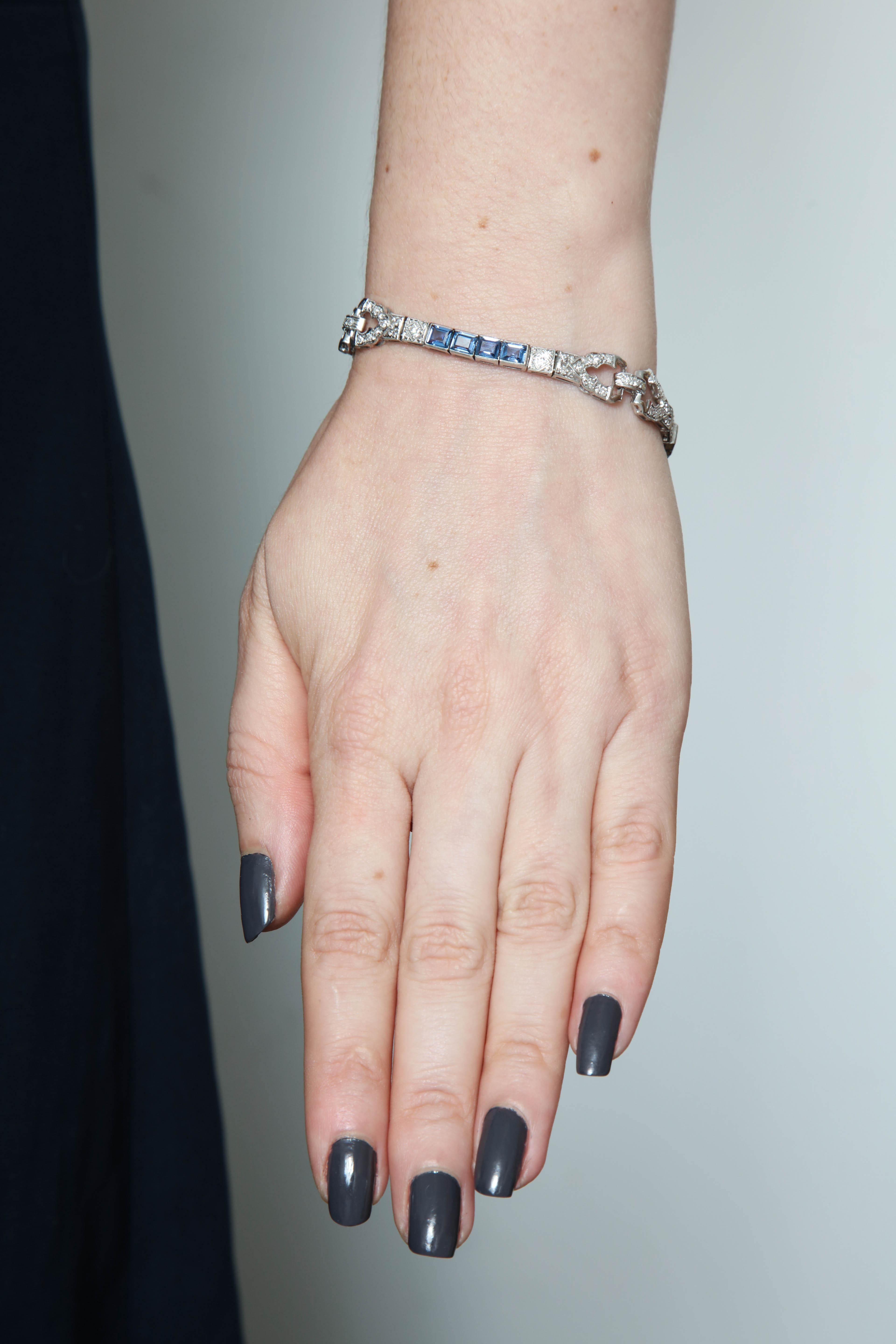 Art Deco Emerald Cut Sapphires with Diamonds Platinum Flexible Link Bracelet 5