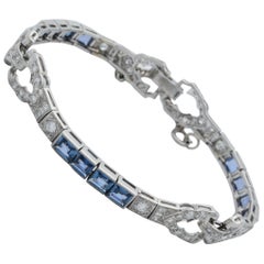 Art Deco Emerald Cut Sapphires with Diamonds Platinum Flexible Link Bracelet