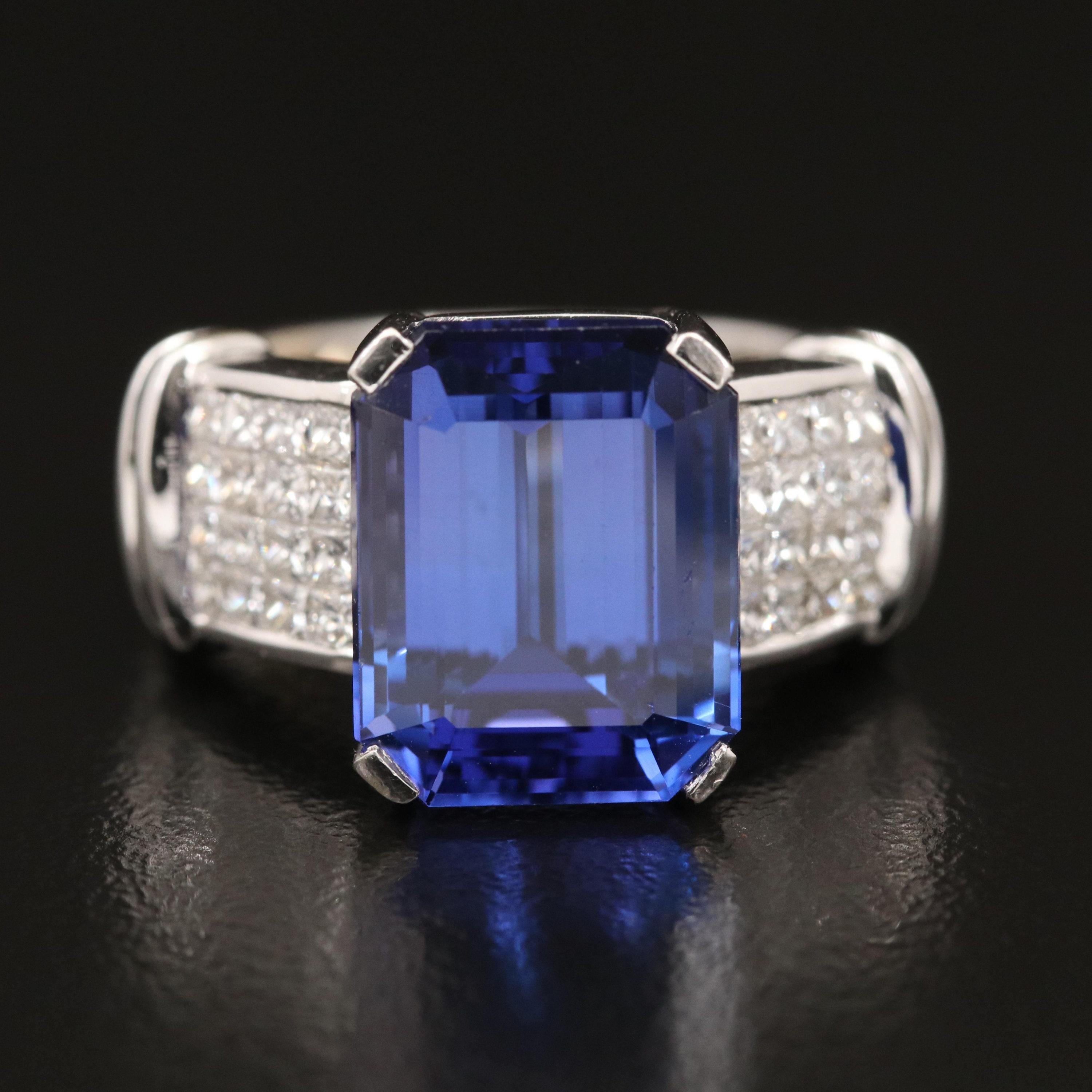 For Sale:  Art Deco Emerald Cut Tanzanite Engagement Ring, Halo Diamond Wedding Ring 2