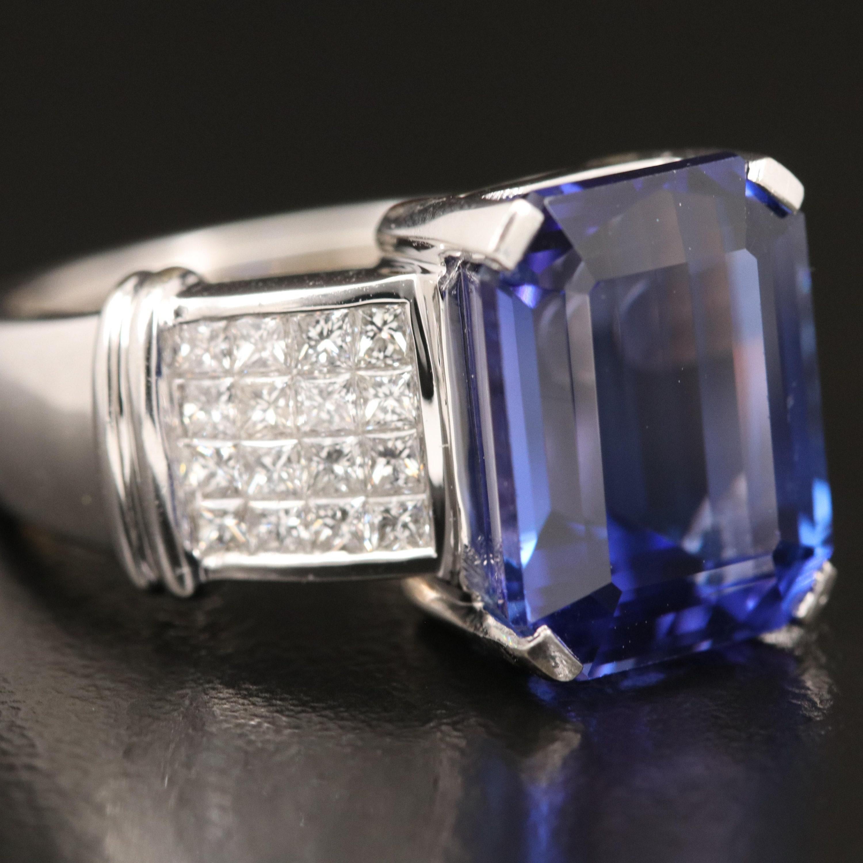 For Sale:  Art Deco Emerald Cut Tanzanite Engagement Ring, Halo Diamond Wedding Ring 3