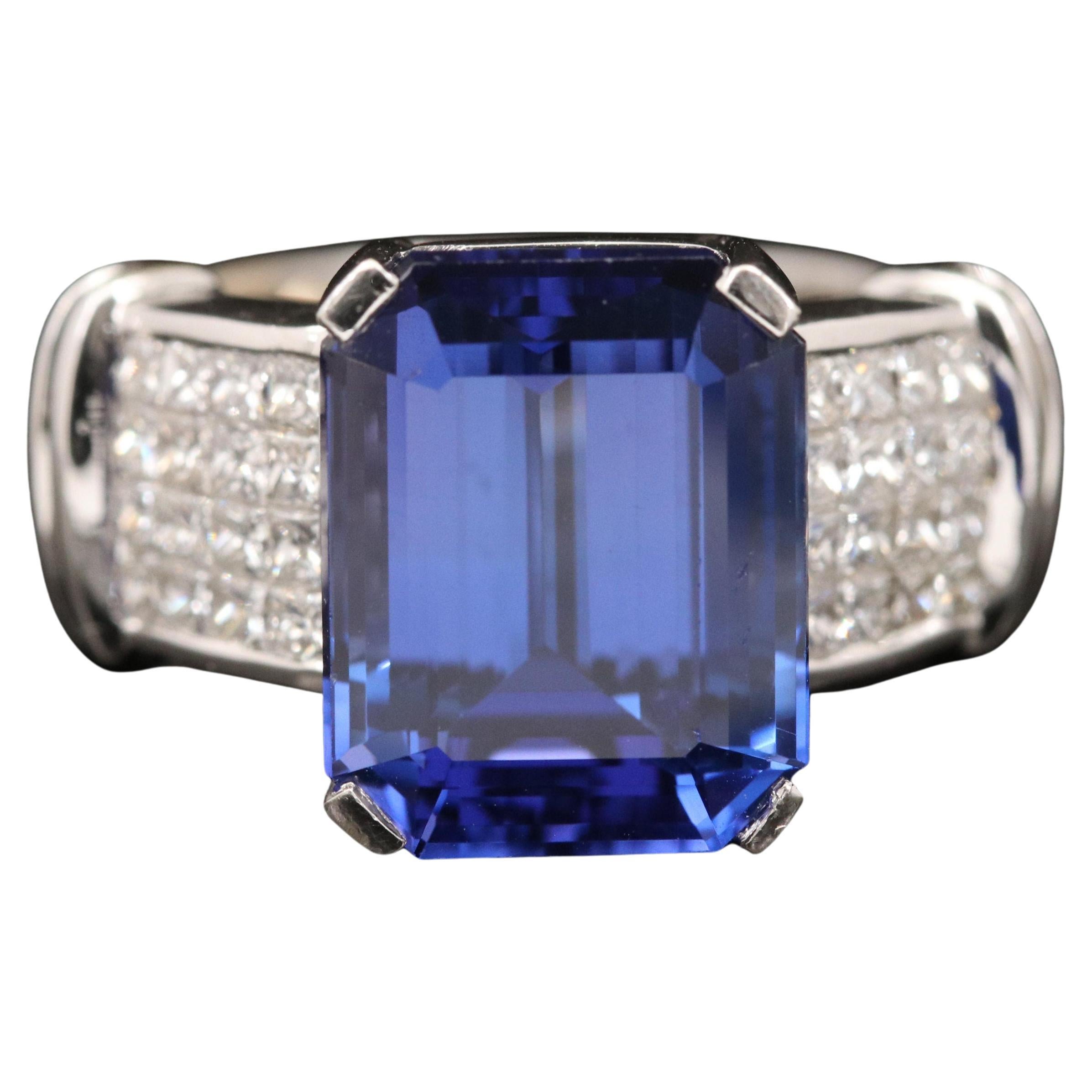 For Sale:  Art Deco Emerald Cut Tanzanite Engagement Ring, Halo Diamond Wedding Ring