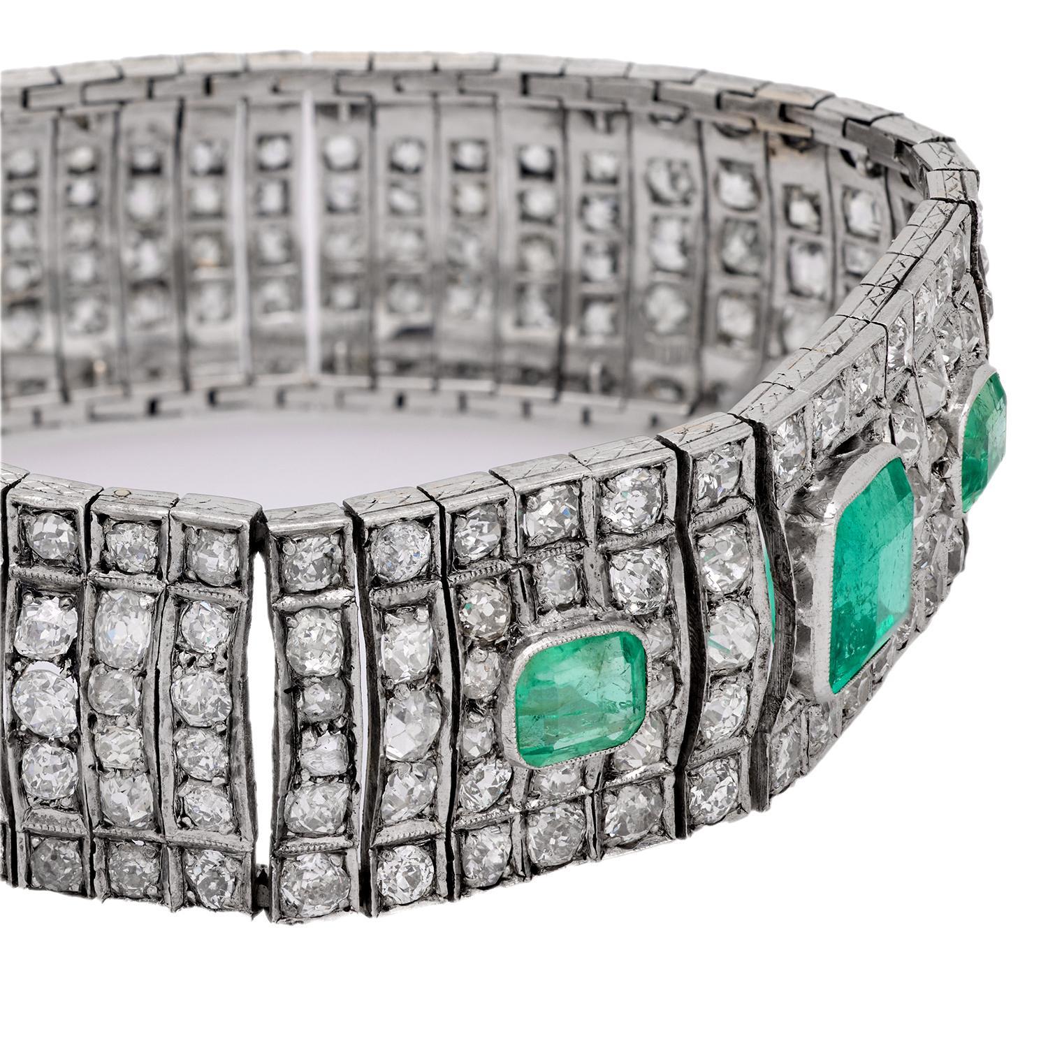 Art déco Art Deco emerald diamond 14k white gold bracelet en vente