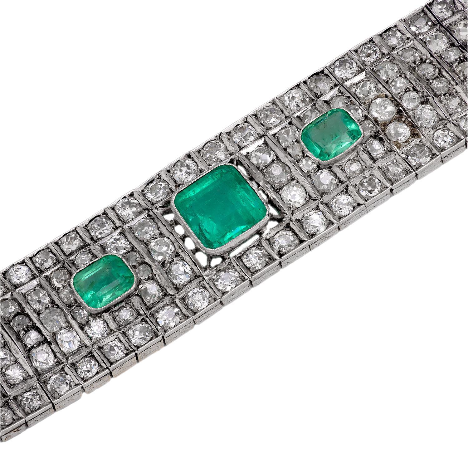Art Deco emerald diamond 14k white gold bracelet Bon état - En vente à Beverly Hills, CA