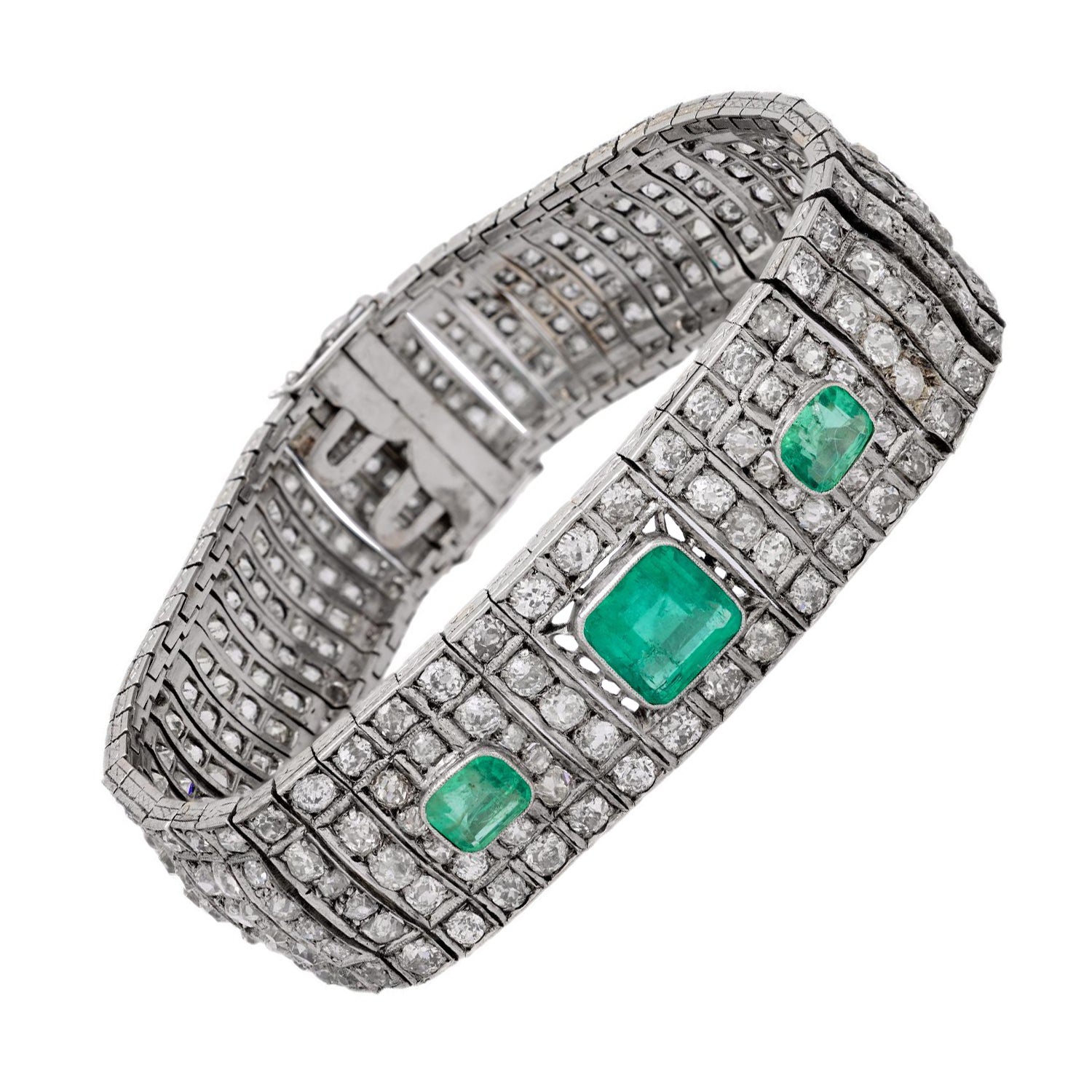Art Deco Smaragd-Diamant-Armband aus 14k Weißgold im Angebot