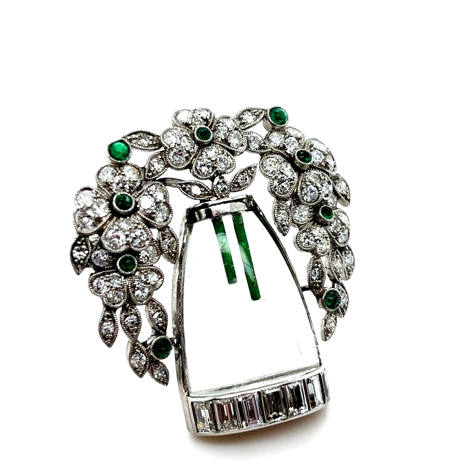 Old European Cut Art Deco Emerald Diamond and Crystal Flower Vase Platinum Brooch For Sale