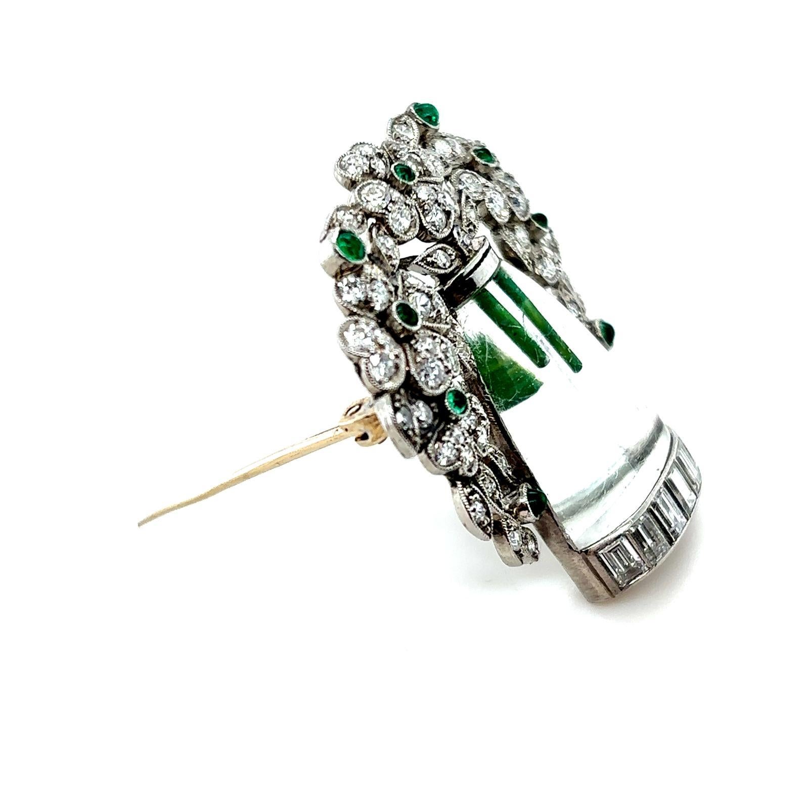 Art Deco Emerald Diamond and Crystal Flower Vase Platinum Brooch For Sale 1